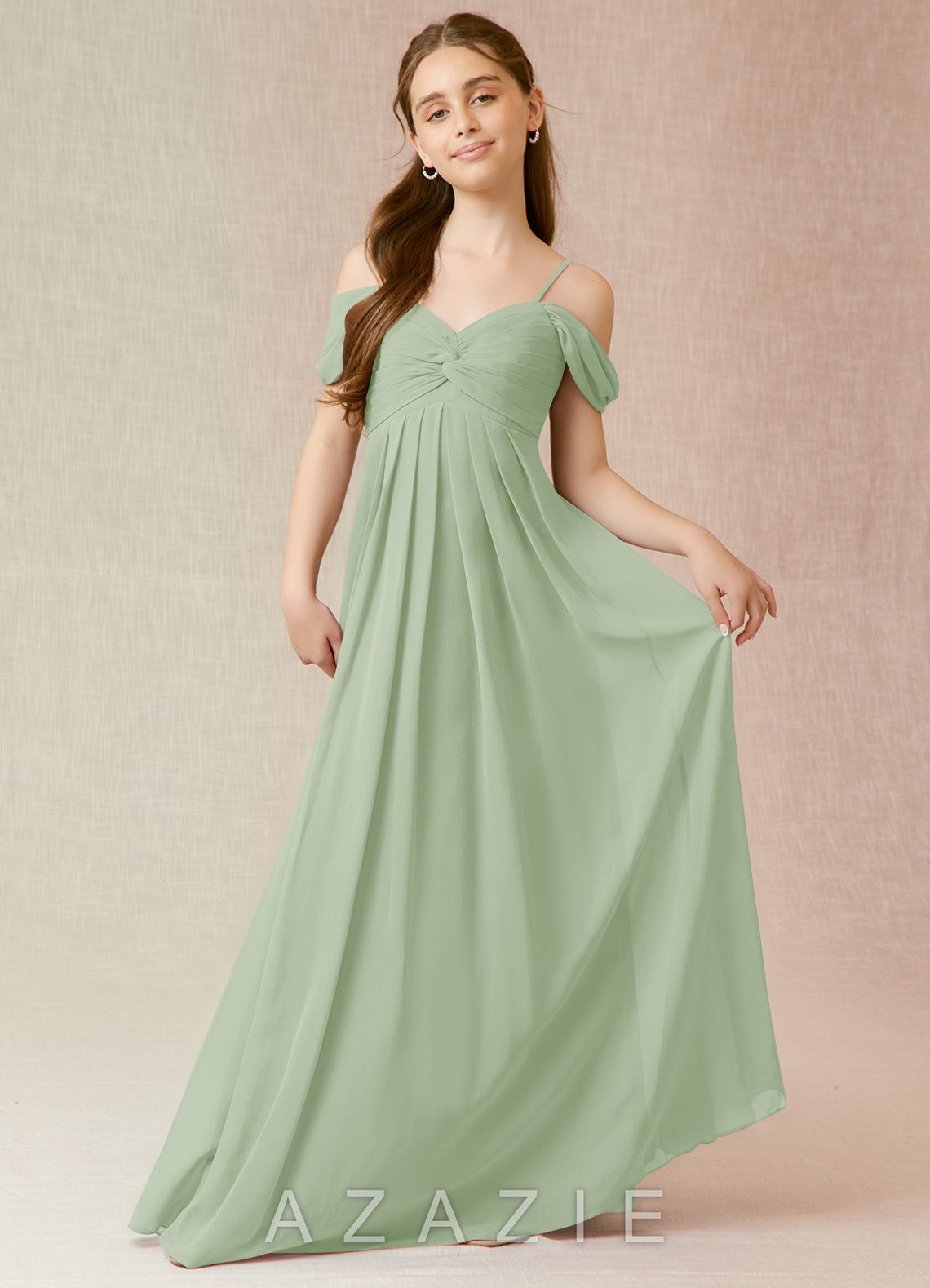 Azazie Kaitlynn Junior Dusty Sage A-Line Off the Shoulder Chiffon Dress