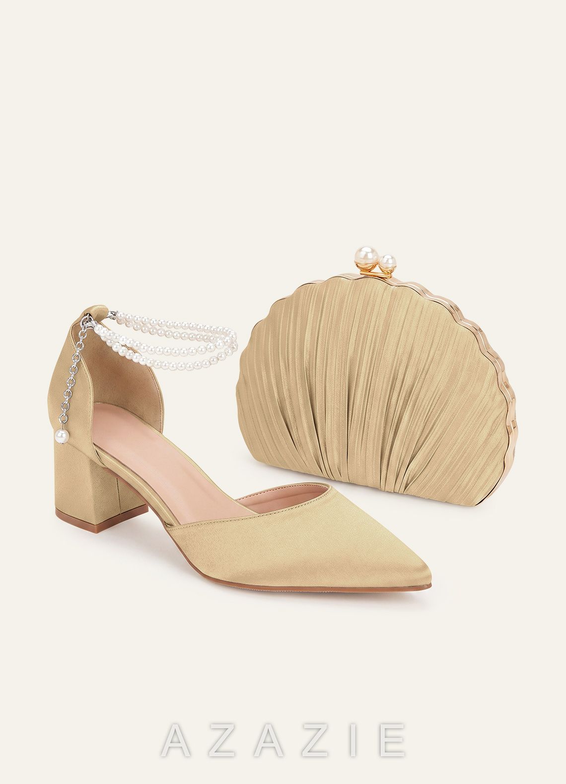 Matching Color Metallic Satin Pearl Strap Pointed Toe Block Heels & Shell-Shape Pleated Clutch Bag  champagne