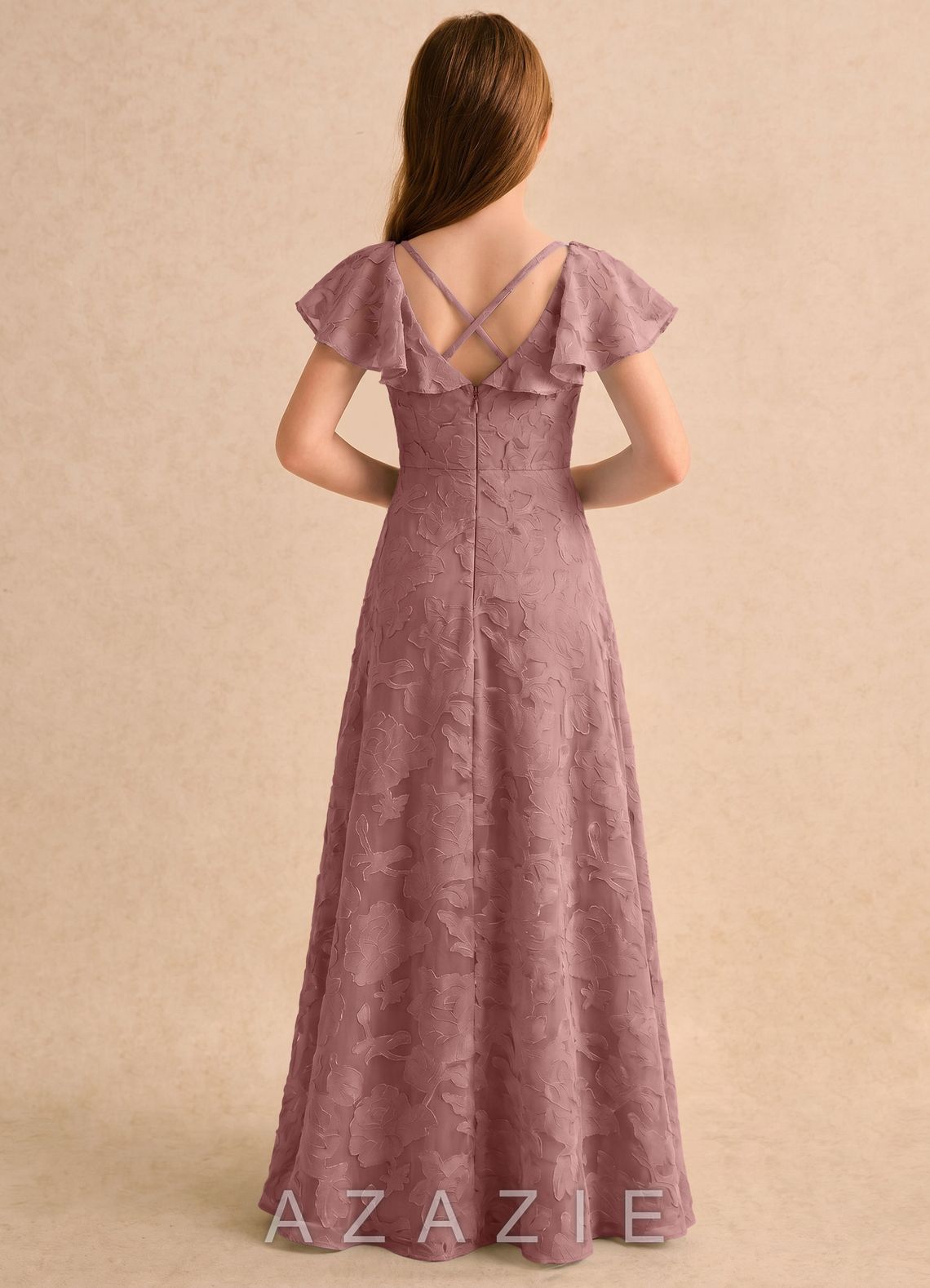 Azazie Narin Girls Formal Dusty Rose A-Line with Sleeves Floral Burnout Dress dusty_rose