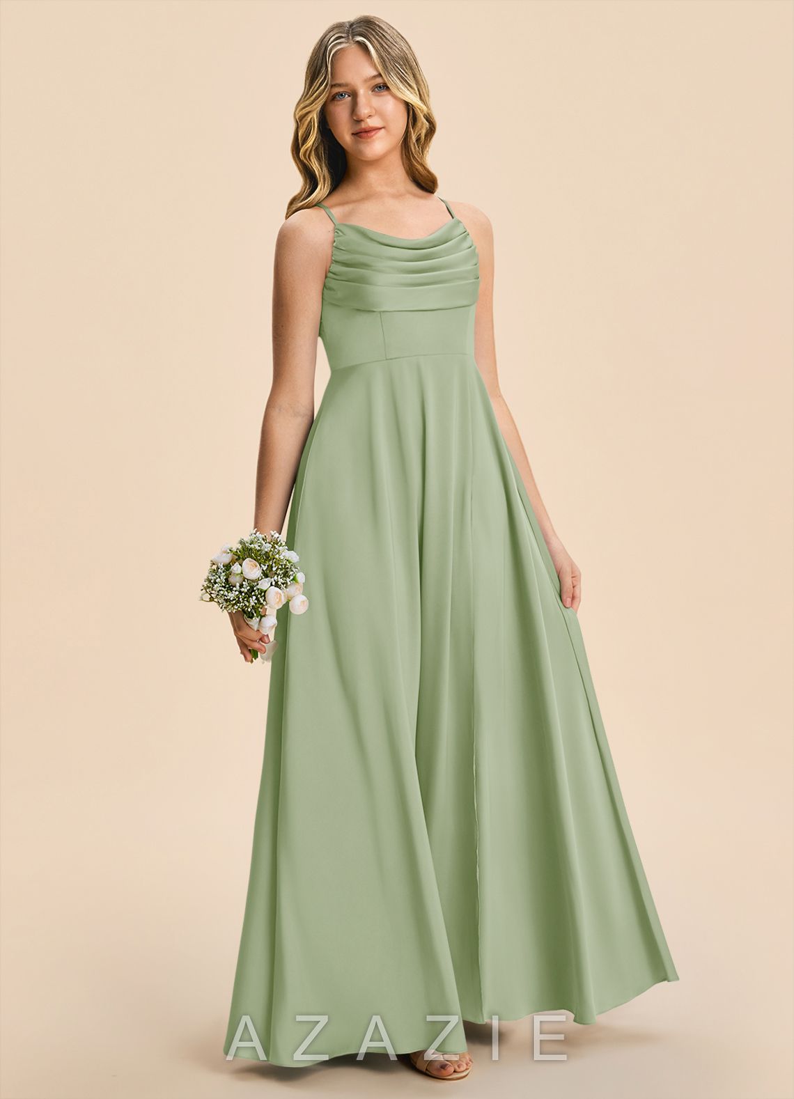 Azazie Gia Junior Dusty Sage A-Line Pleated Stretch Satin Dress