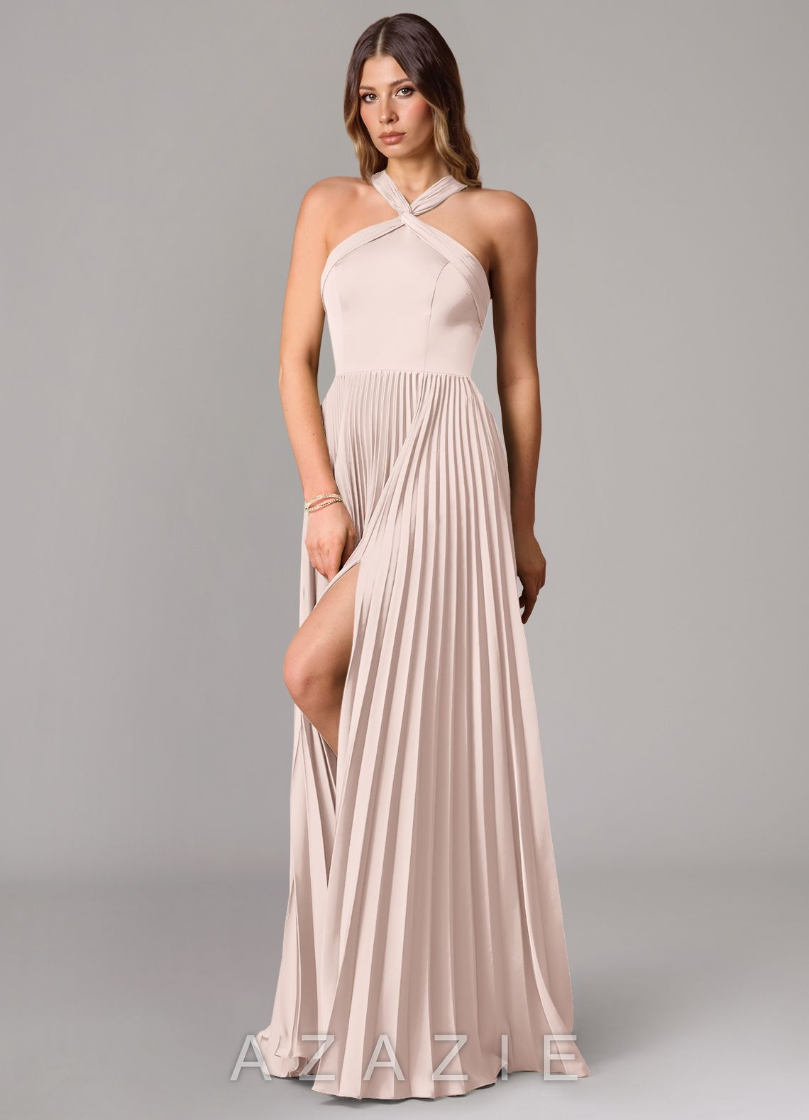 Azazie Afra Blushing Pink A-Line Pleated Stretch Satin Dress blushing_pink