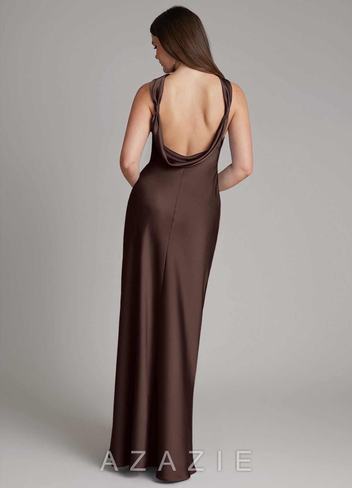 Azazie Dimitra Ganache Sheath Pleated Stretch Satin Dress ganache