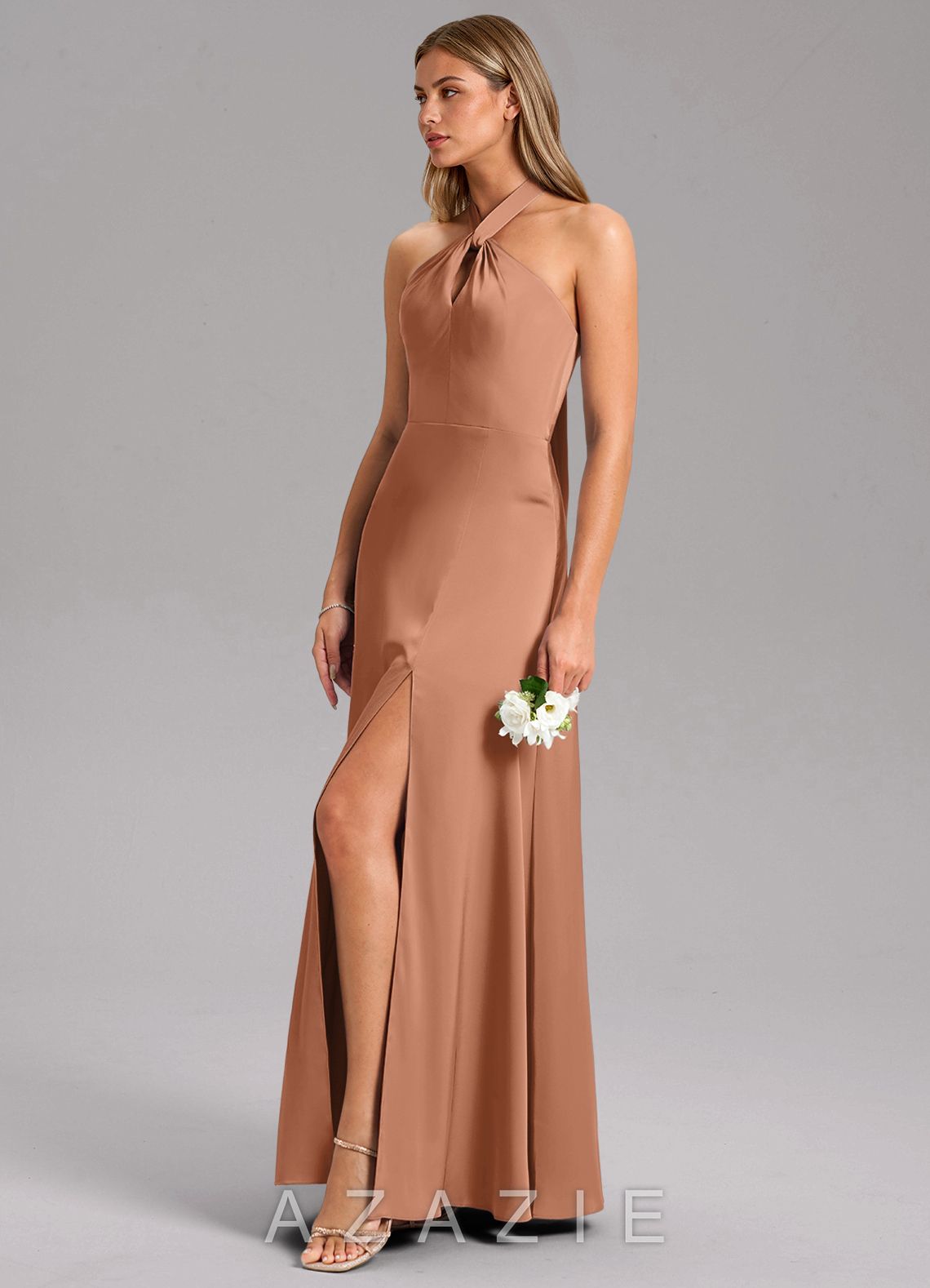 Azazie Tracie Bronzer A-Line Side Slit Stretch Satin Dress bronzer