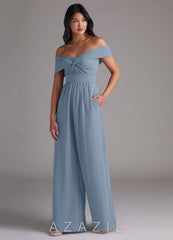 Azazie Lamara Dusty Blue Off the Shoulder Chiffon Convertible Jumpsuit dusty_blue