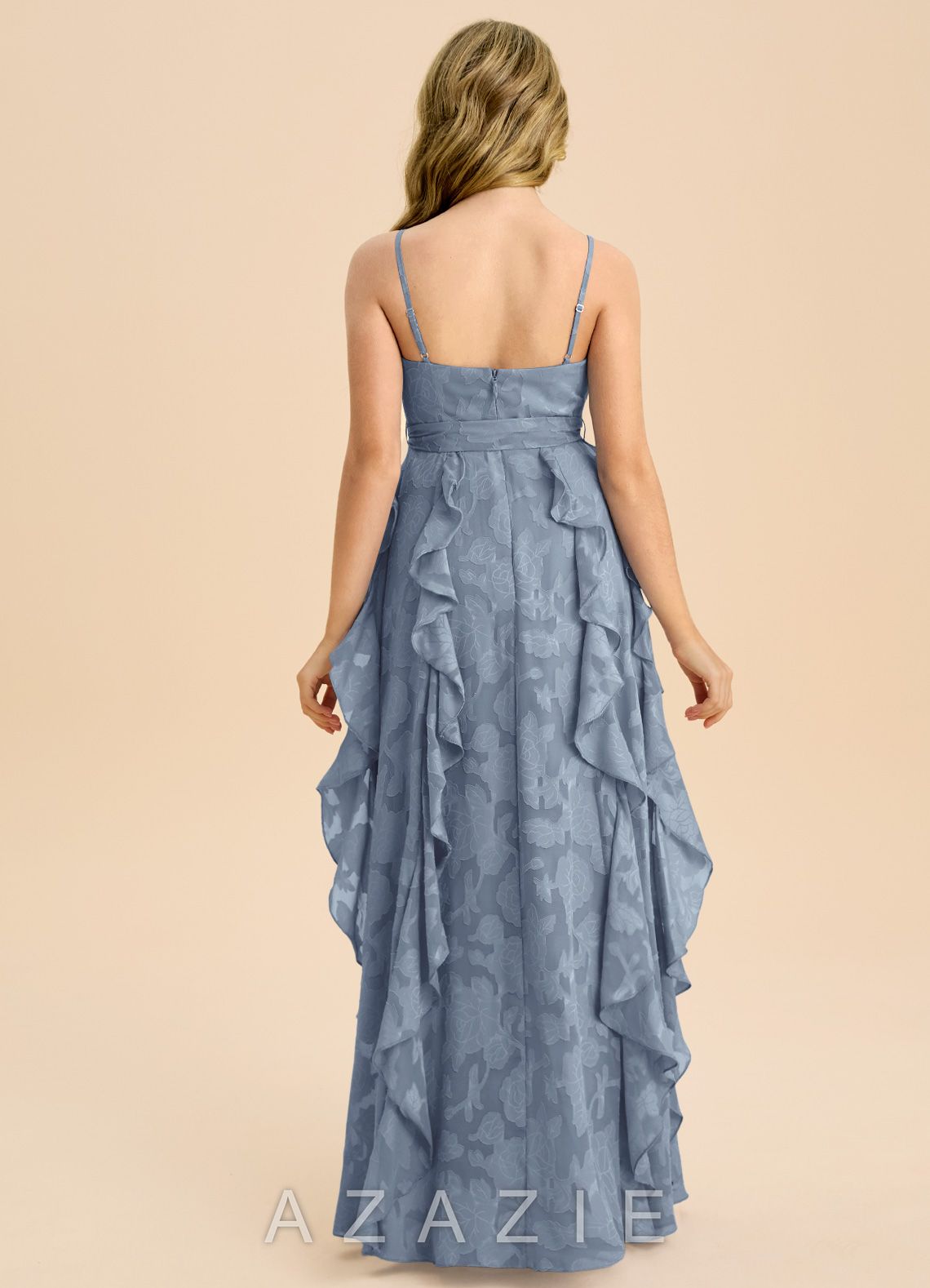 Azazie Peyton Junior Dusty Blue A-Line Pleated Floral Burnout Dress dusty_blue