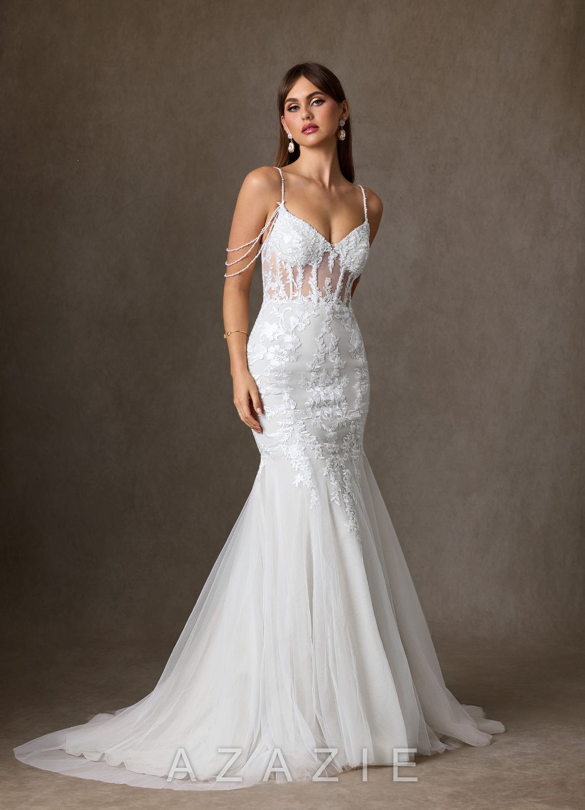 Azazie Denise Wedding Dress Diamond White Mermaid Sequins Tulle Dress