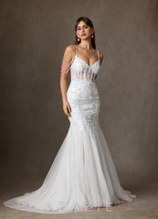 Azazie Denise Wedding Dress Diamond White Mermaid Sequins Tulle Dress