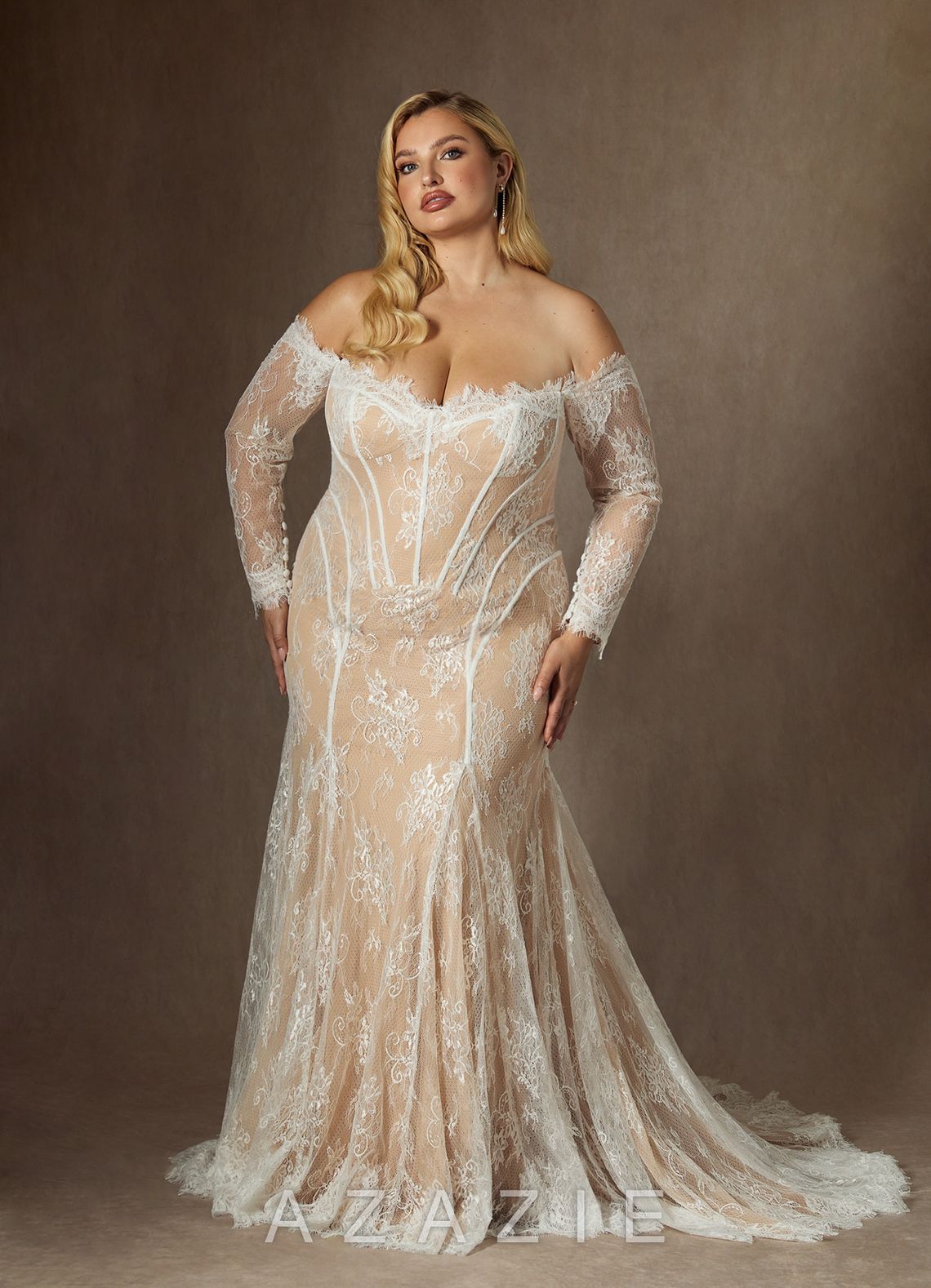 Azazie Katherine Wedding Dress Diamond White Champagne Mermaid Off the Shoulder Tulle Dress diamond_white/champagne