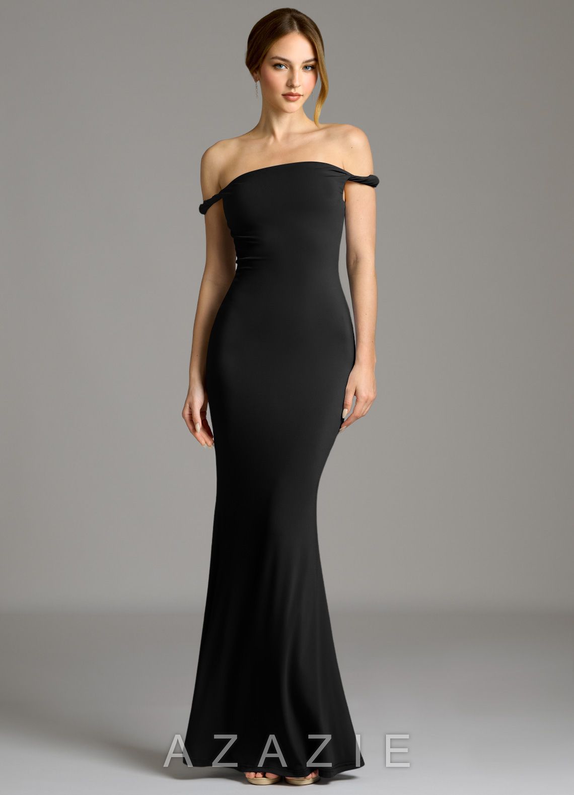 Azazie Shantal Black Mermaid Off the Shoulder Premium Stretch Jersey Dress black