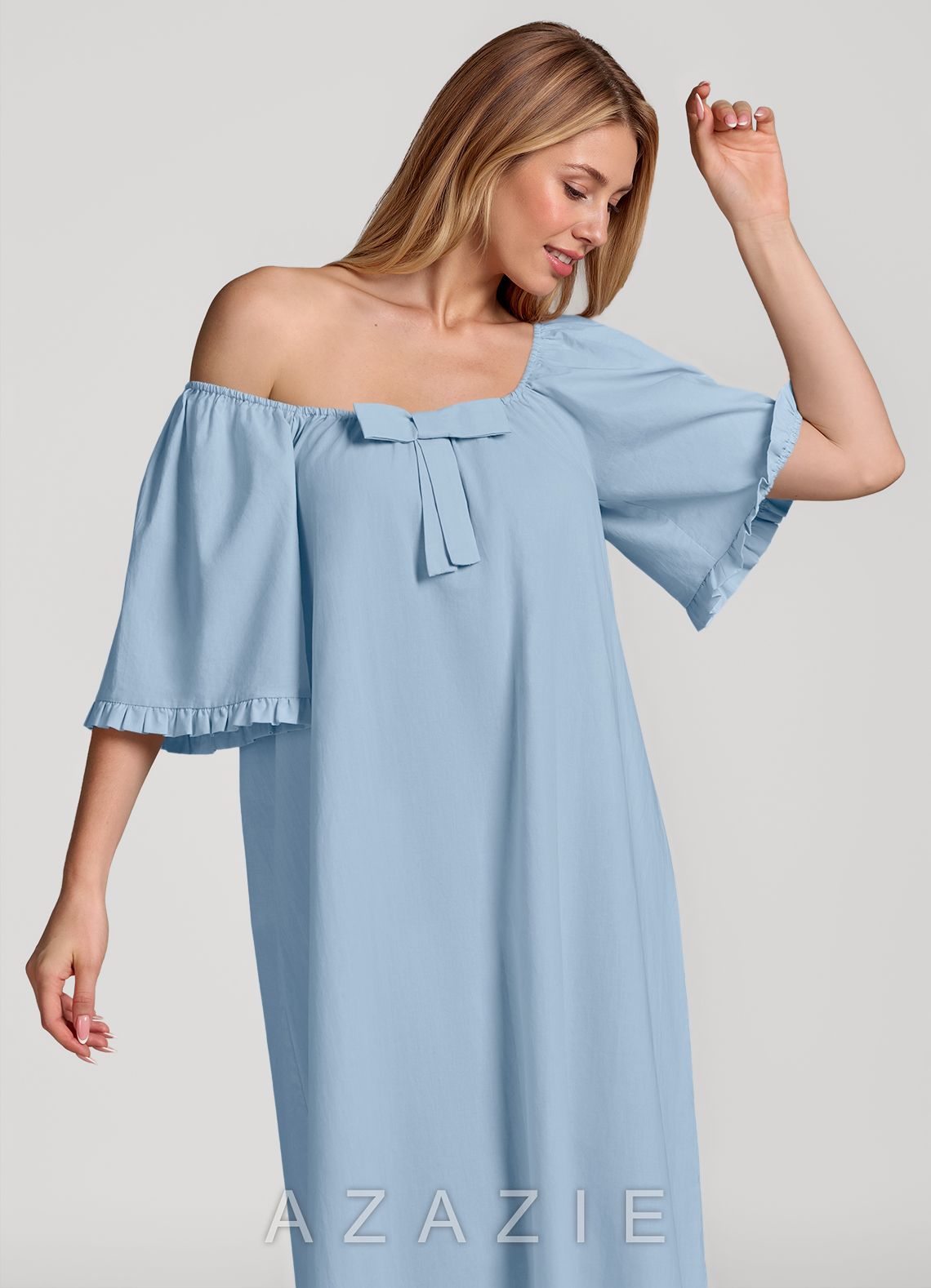 Ruffled Bow Short Sleeve Cotton Pajama Dress  sky_blue
