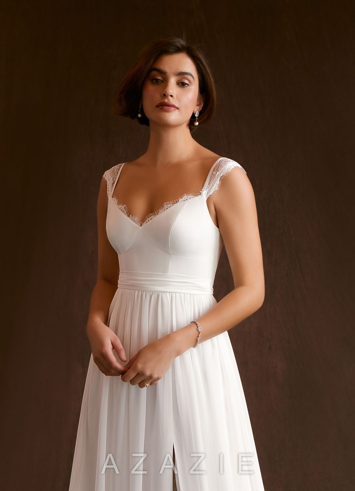 Azazie Aubriella Wedding Dress Diamond White A-Line Lace Chiffon Dress diamond_white