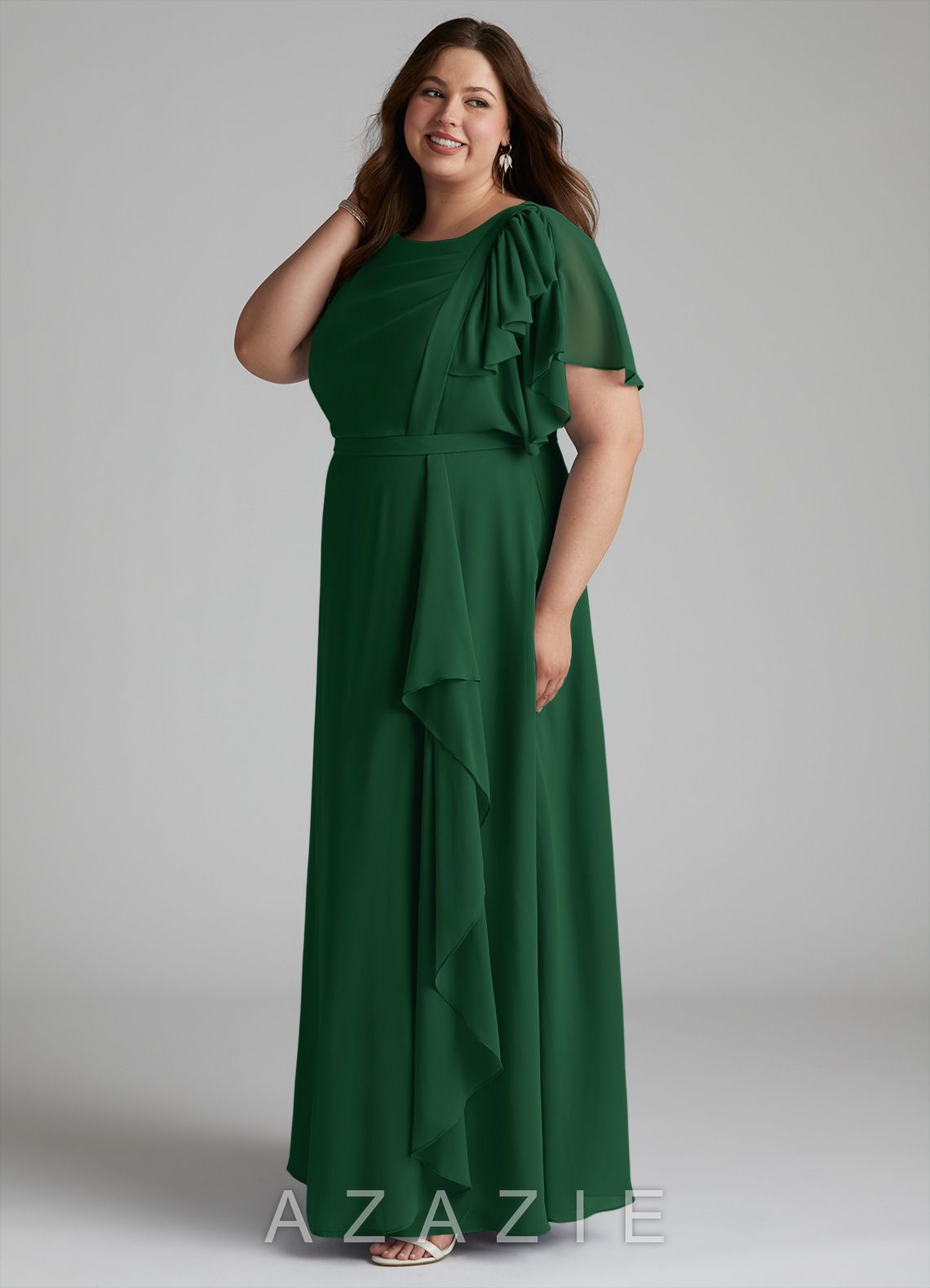 Azazie Aaliyah A-Line Scoop Pleated Chiffon Floor-Length Dress dark_green