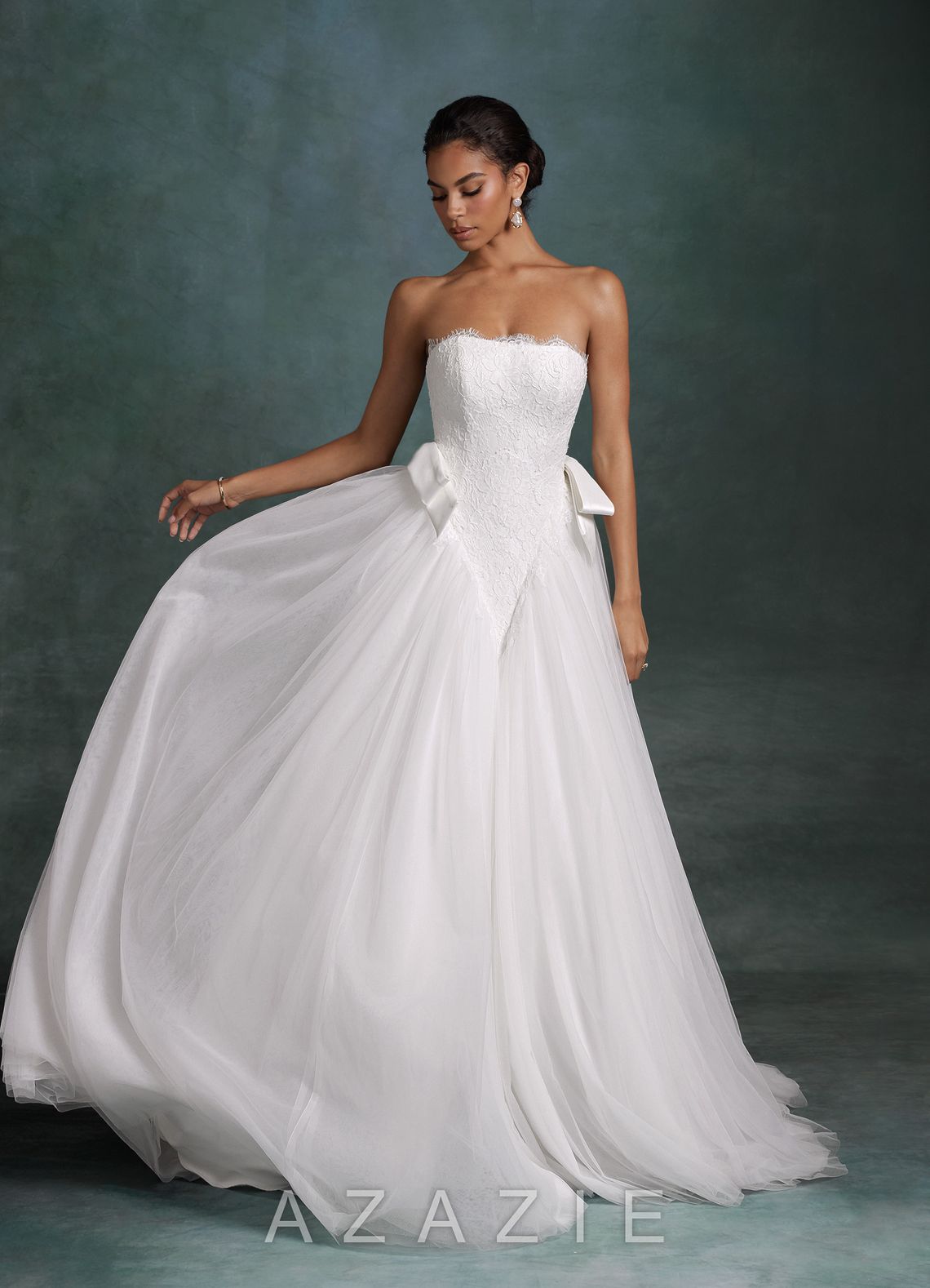Azazie Raya Diamond White Ball-Gown Strapless Tulle Dress diamond_white