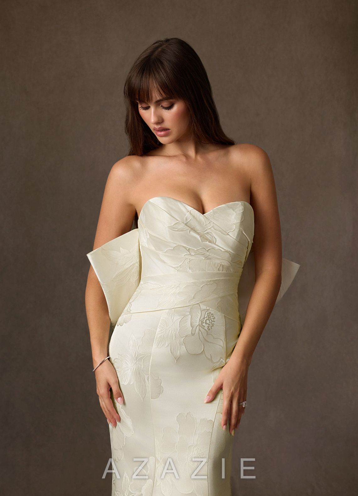 Azazie Nita Cream Mermaid Strapless Floral Jacquard Dress cream