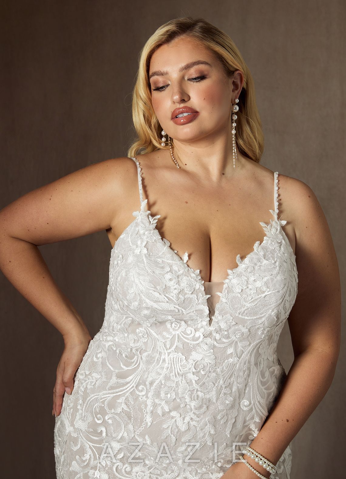 Azazie Camlynn Wedding Dress Diamond White Mermaid V-Neck Sequins Tulle Dress diamond_white