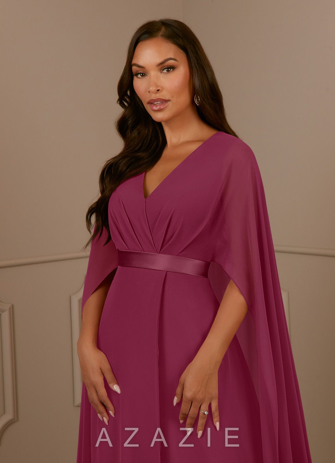 Azazie Isa Mulberry A-Line V-Neck Pleated Chiffon Dress mulberry