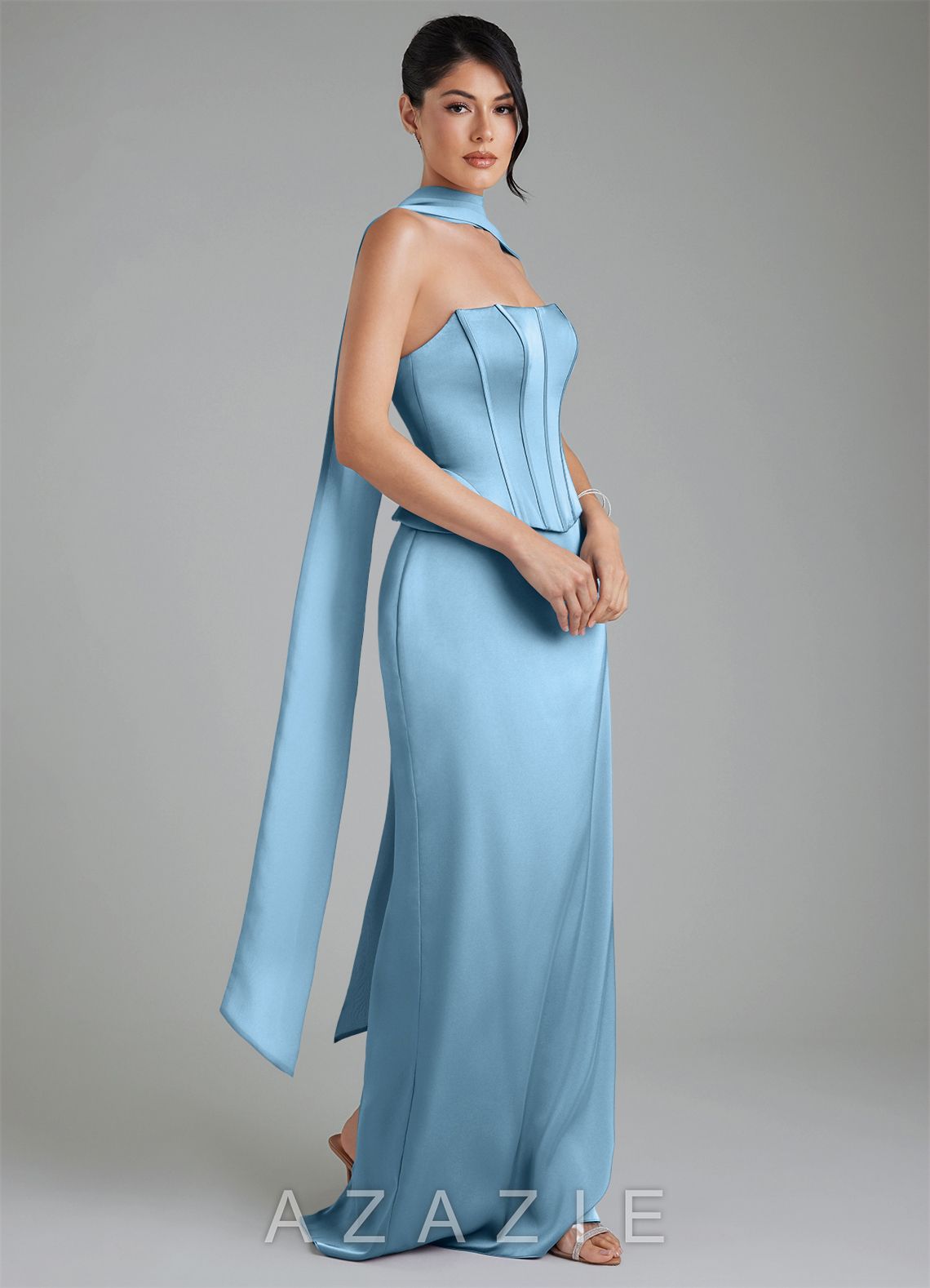 Azazie River Steel Blue Sheath Corset Stretch Satin Convertible Dress steel_blue