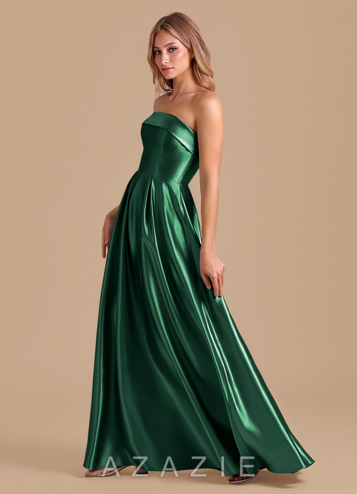 Azazie Lucienne Dark Green A-Line Pleated Metallic Satin Dress dark_green