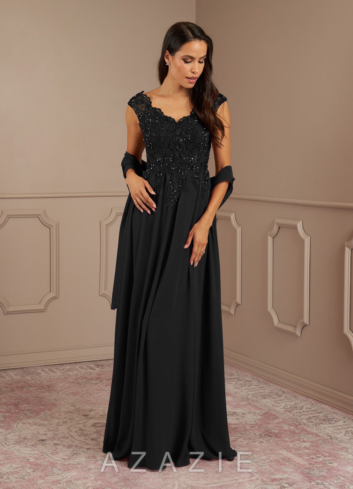 Azazie Amethyst Black A-Line V-Neck Sequins Chiffon Dress