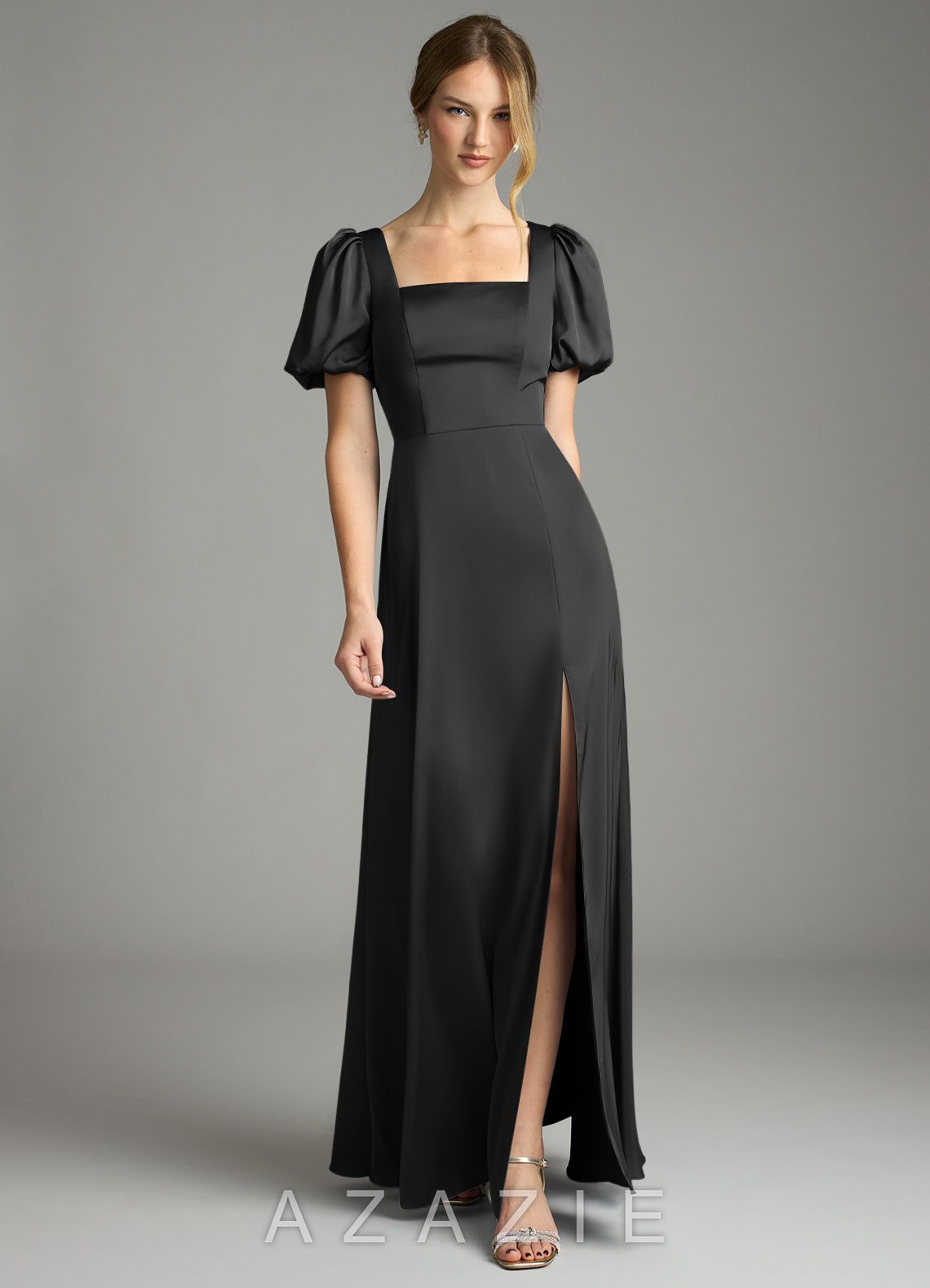 Azazie Fyona Black A-Line Pleated Stretch Satin Dress