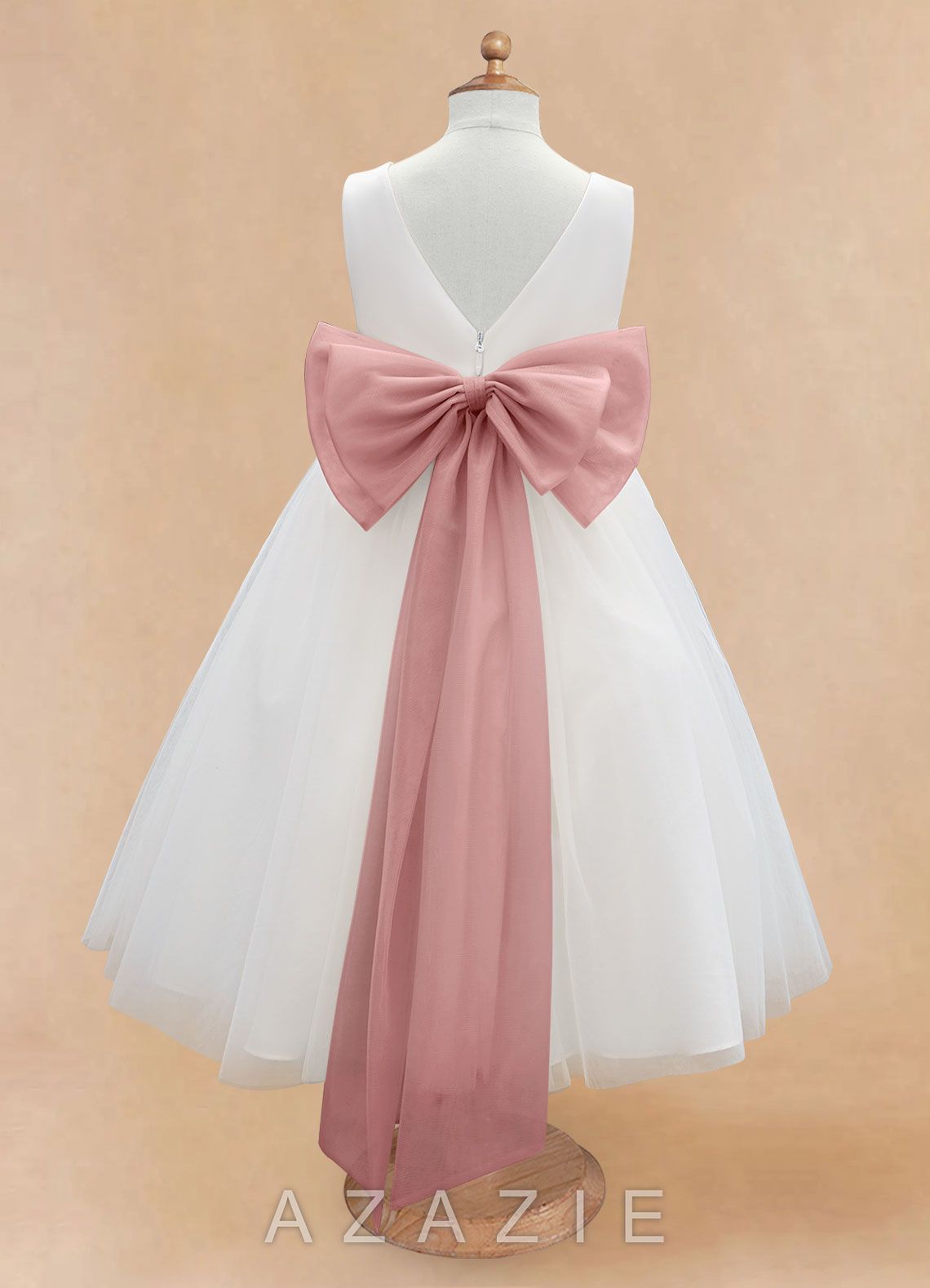 Azazie Kavi Ivory Dusty Rose A-Line Bow Matte Satin Dress ivory/dusty_rose