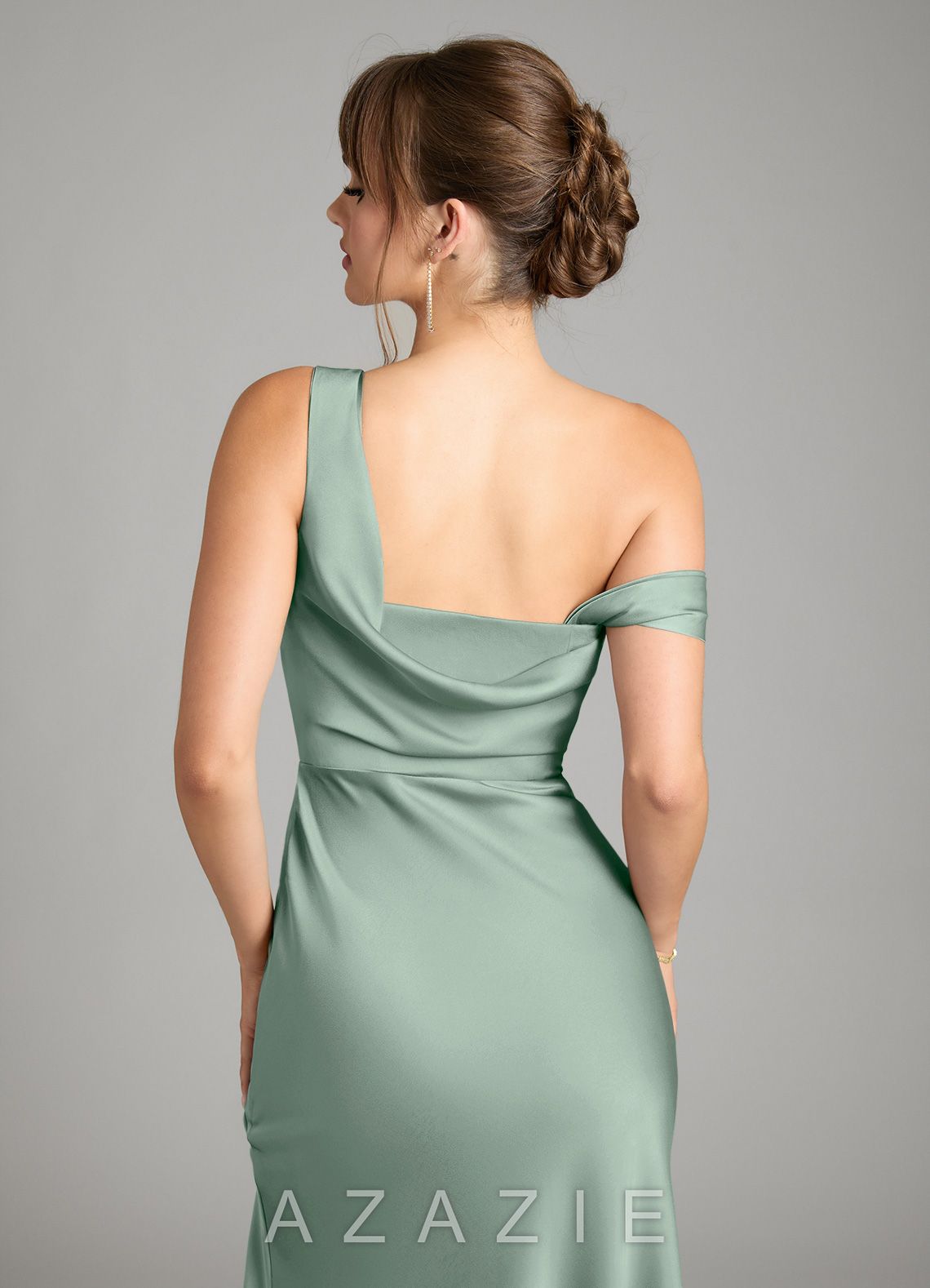 Azazie Madelyn Agave Mermaid One Shoulder Stretch Satin Convertible Dress agave