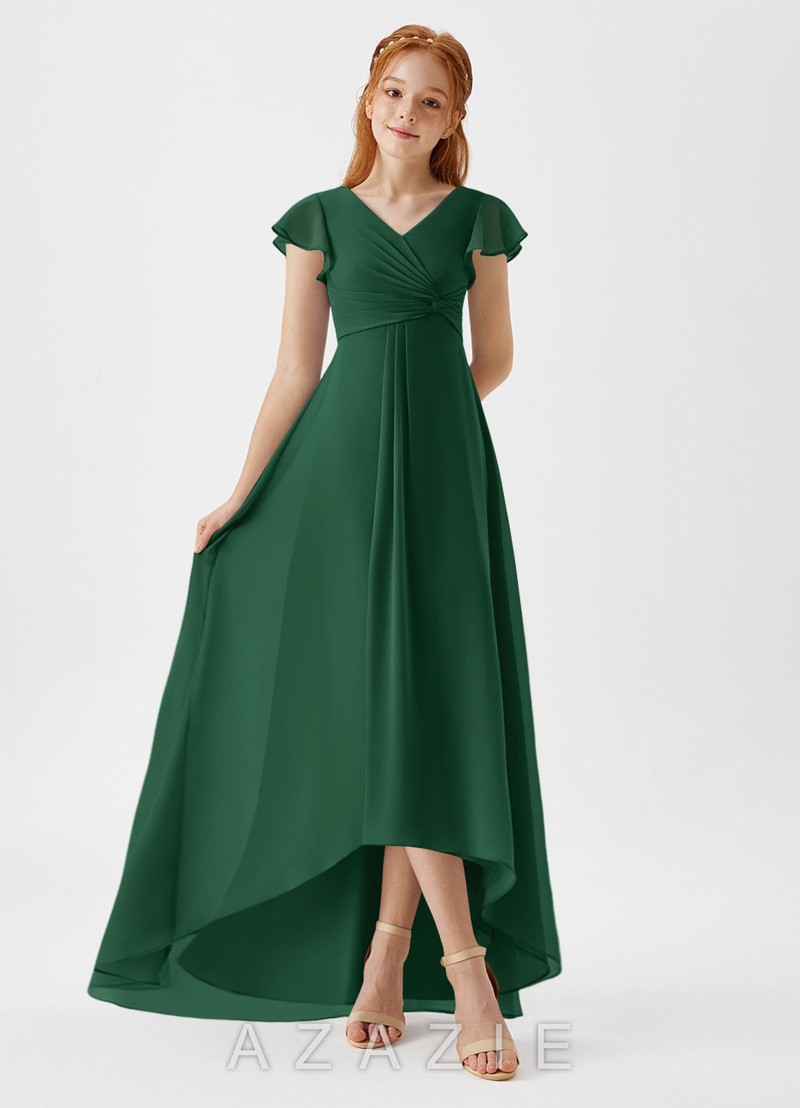 Azazie Breanne Junior Dark Green A-Line Chiffon Dress dark_green