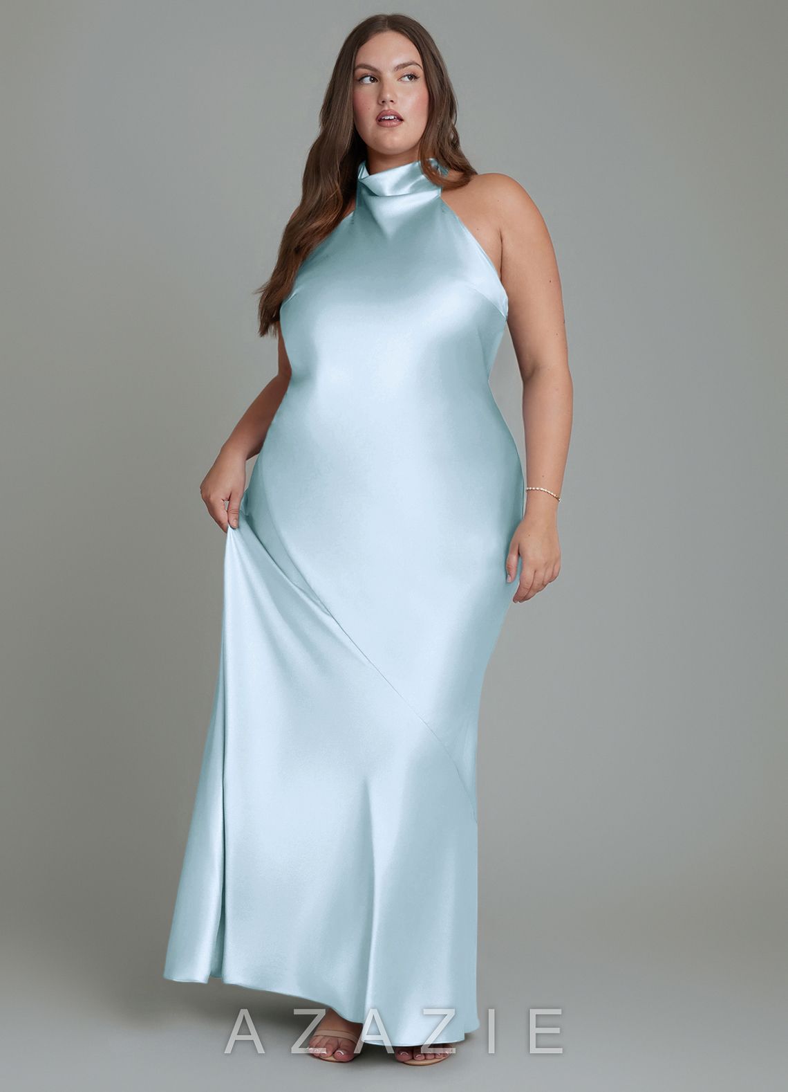 Azazie Velli Sky Blue Sheath High Neck Metallic Satin Dress sky_blue