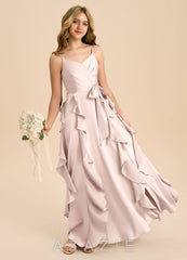 Azazie Peyton Junior Blushing Pink A-Line Pleated Stretch Satin Dress