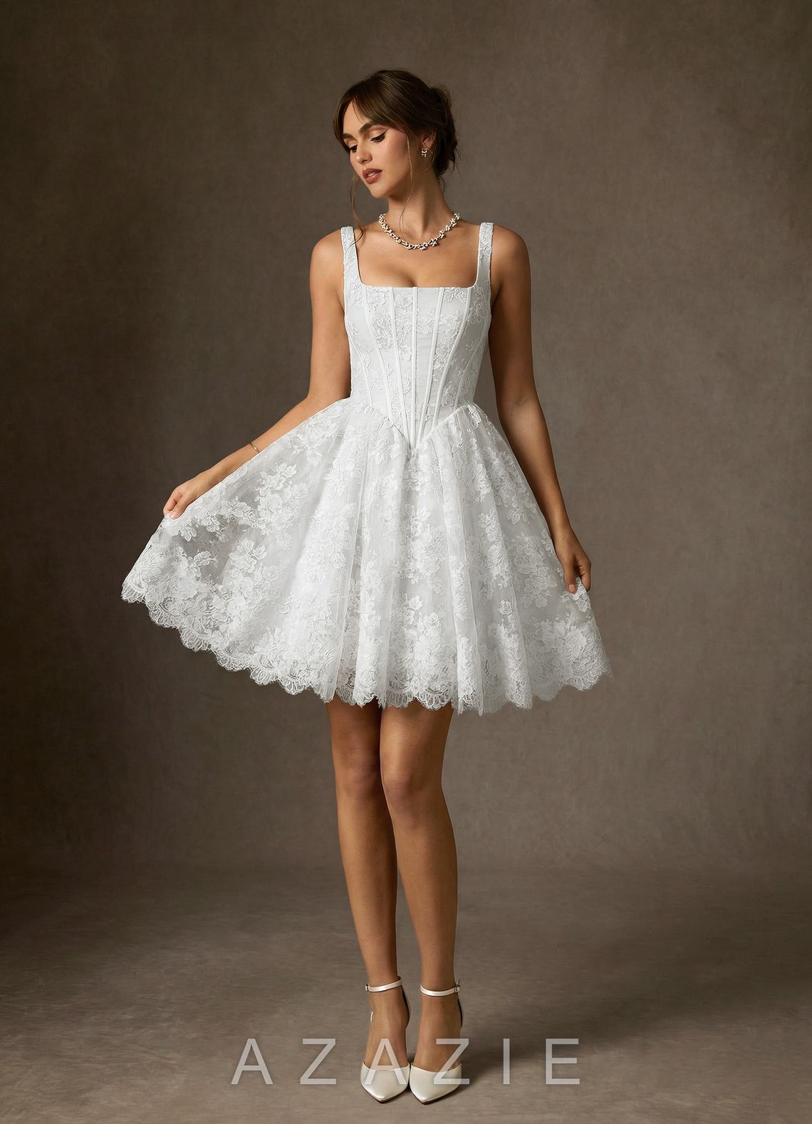 Azazie Nolicia Diamond White Ball-Gown Square Neckline Lace Dress