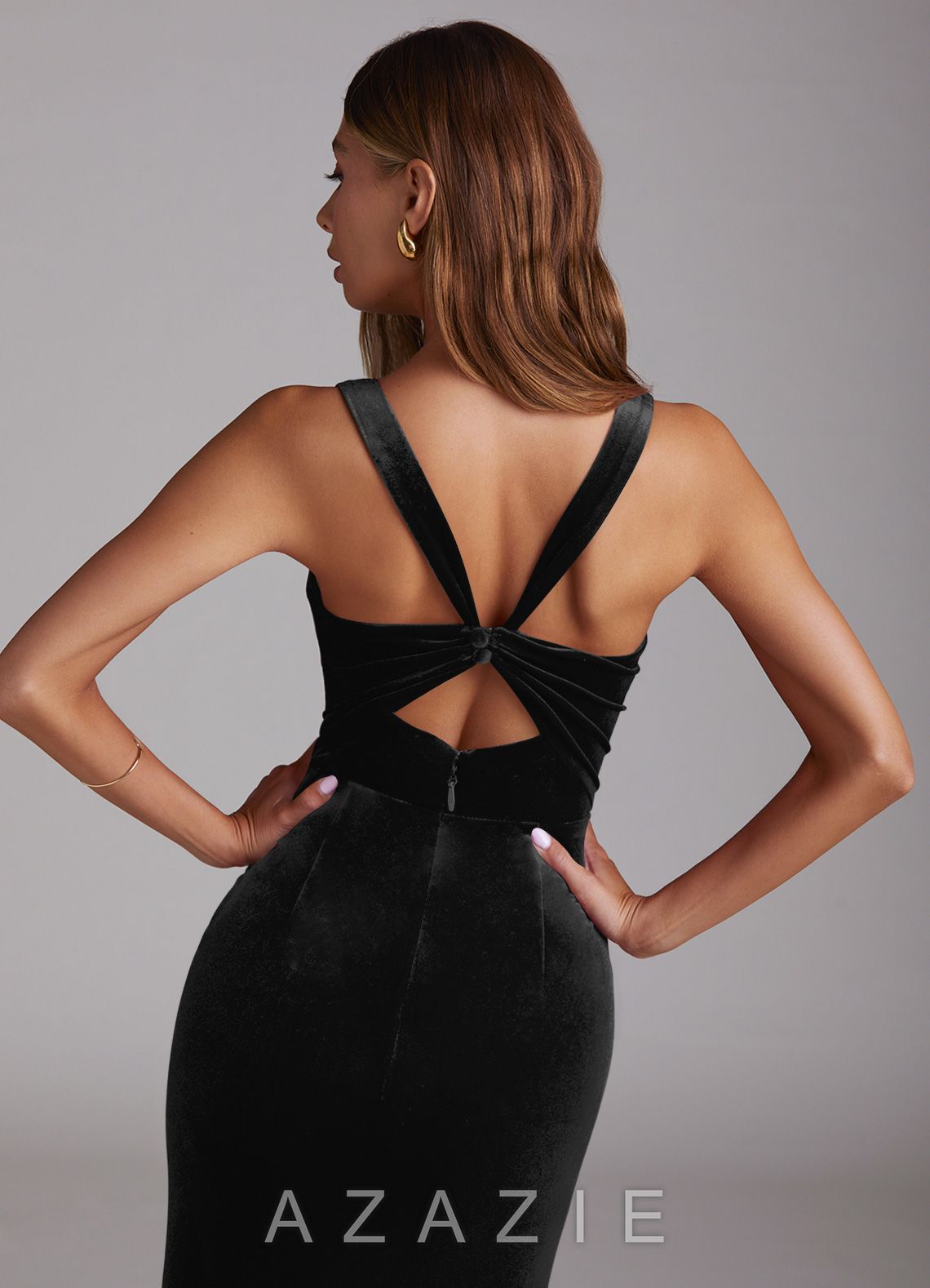 Azazie Mero Black Mermaid Pleated Velvet Dress black