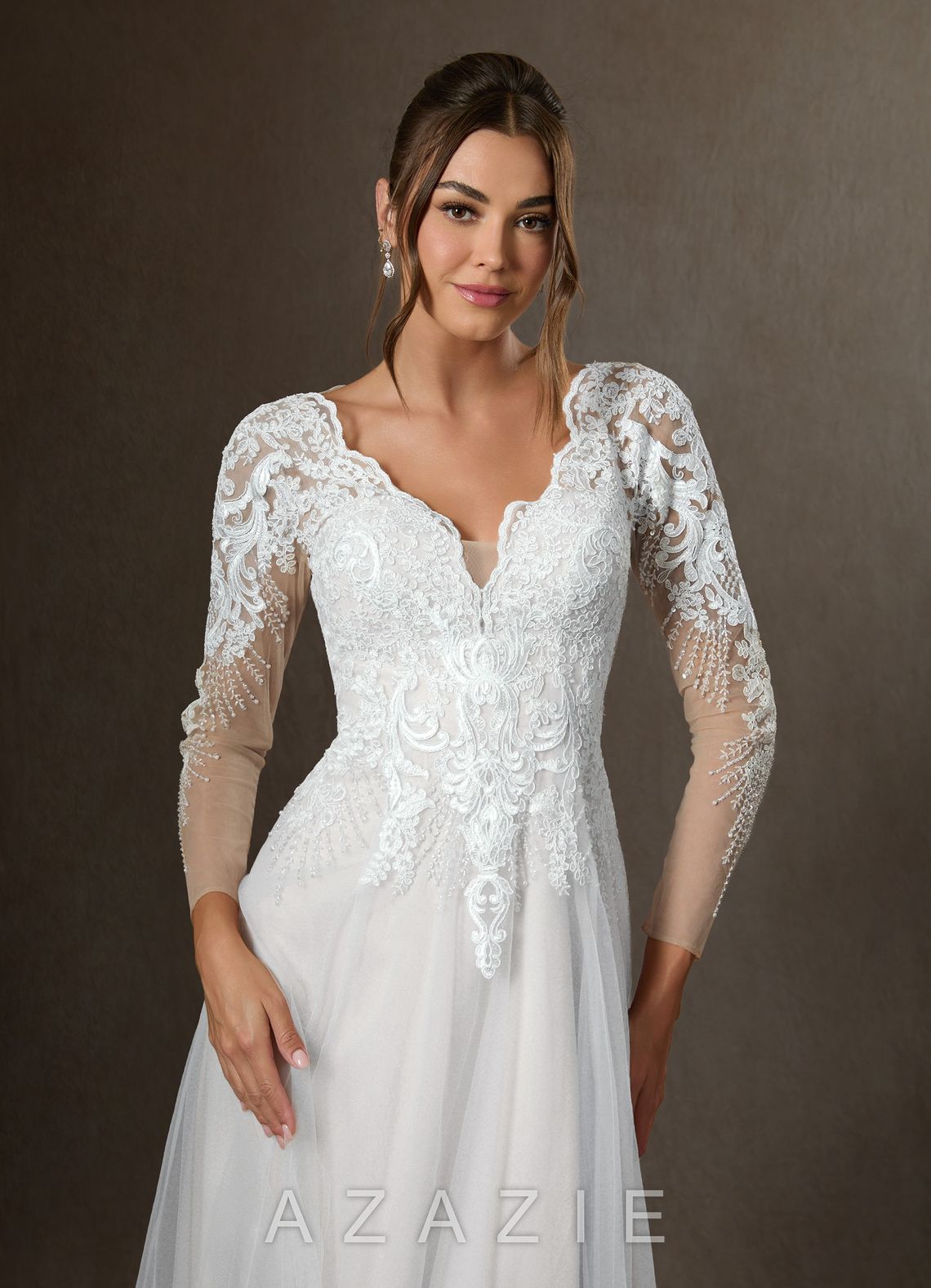 Azazie Essy Wedding Dress Diamond White A-Line V-Neck Sequins Tulle Dress diamond_white