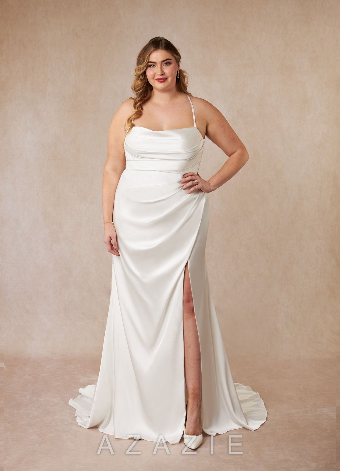 Azazie Kierra Wedding Dress Diamond White Mermaid Pleated Stretch Satin Dress diamond_white