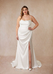 Azazie Kierra Wedding Dress Diamond White Mermaid Pleated Stretch Satin Dress diamond_white