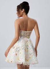Julienne Ivory Strapless Floral Sequin Corset Skater Mini Dress