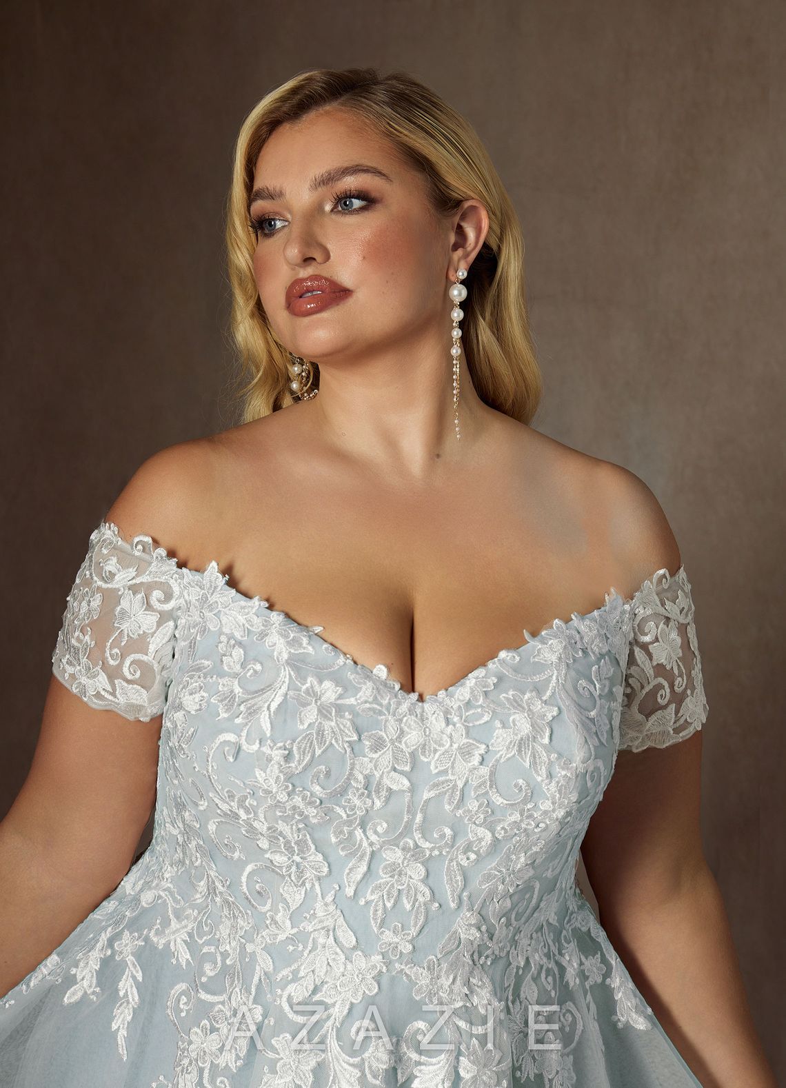 Azazie Rowe Wedding Dress Cloudy Blue Ball-Gown Off the Shoulder Tulle Dress