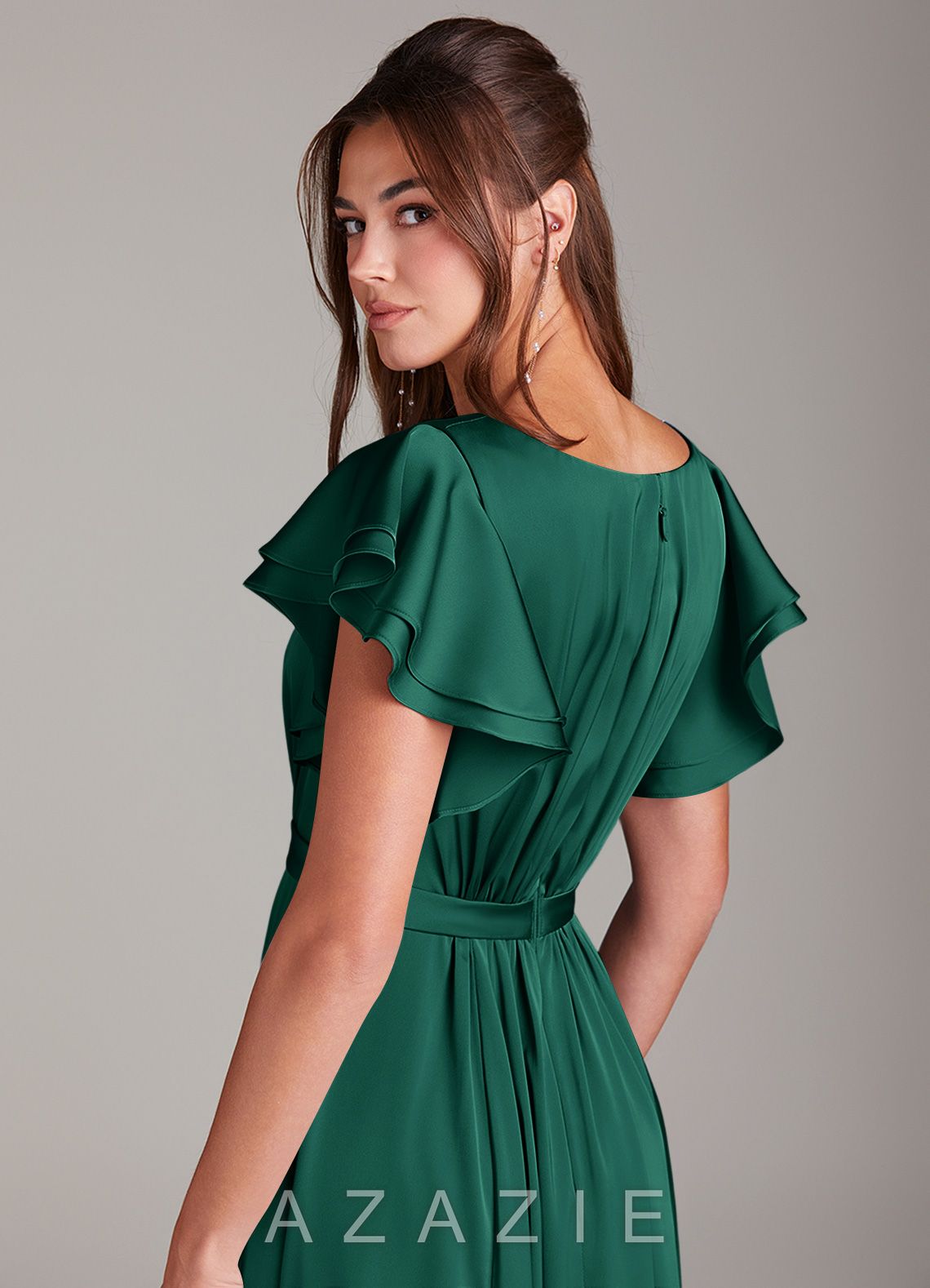 Azazie Daphne A-Line Ruched Stretch Satin Floor-Length Dress emerald