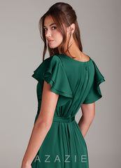 Azazie Daphne A-Line Ruched Stretch Satin Floor-Length Dress emerald