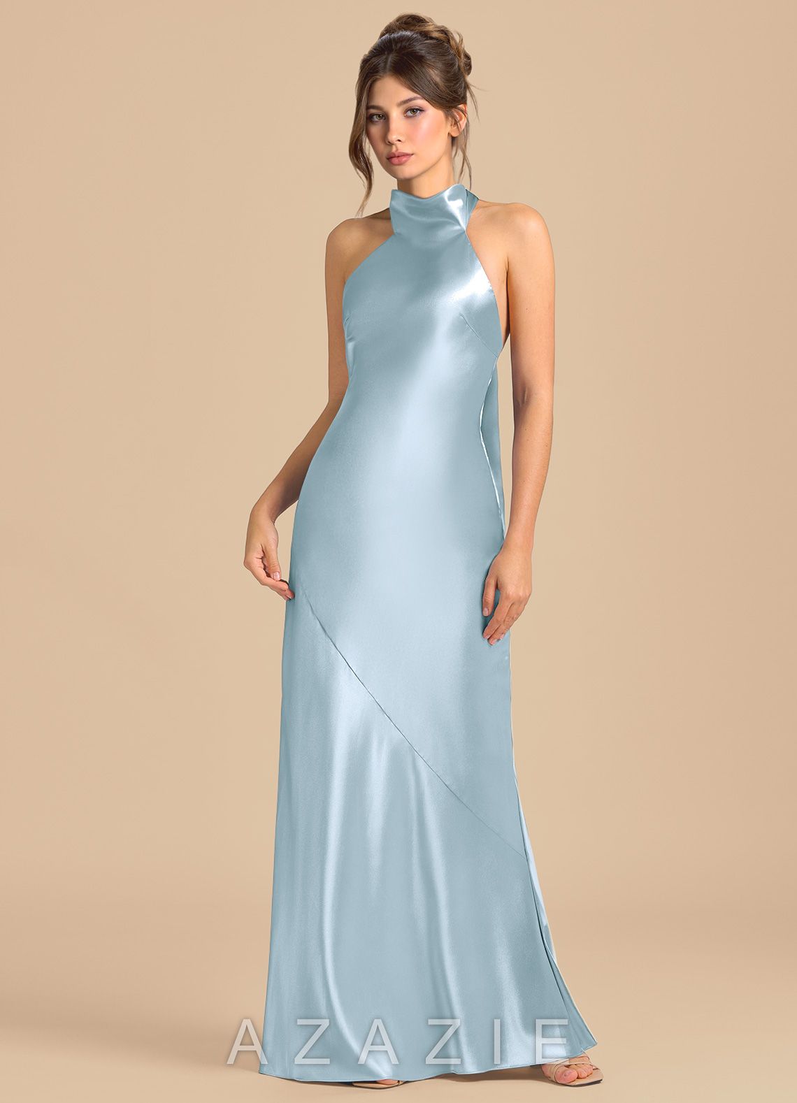 Azazie Velli Sky Blue Sheath High Neck Metallic Satin Dress sky_blue