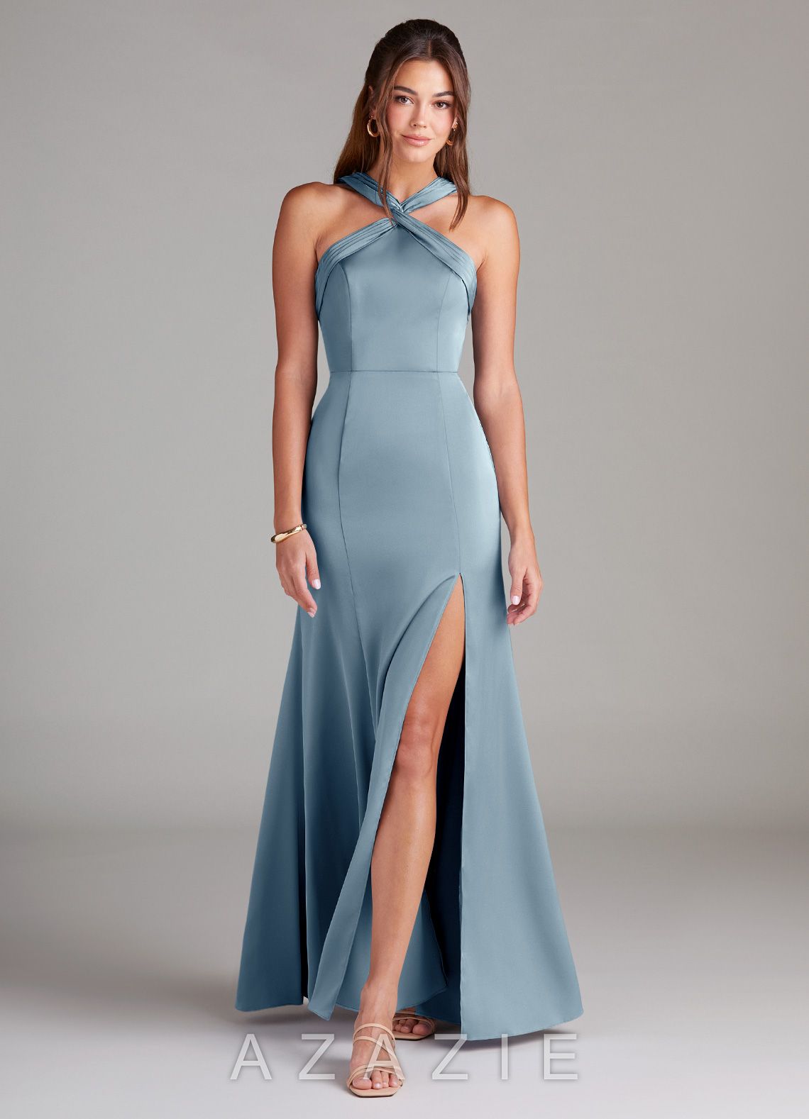 Azazie Rue Dusty Blue Mermaid Pleated Stretch Satin Dress dusty_blue