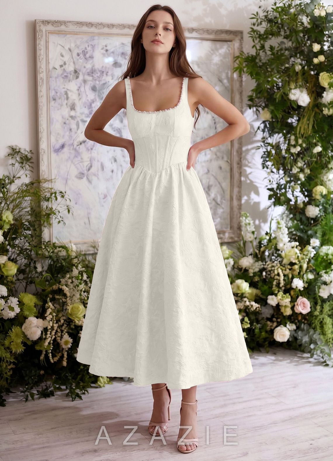 Sephone Cream Beading Rhinestone Jacquard Maxi Dress