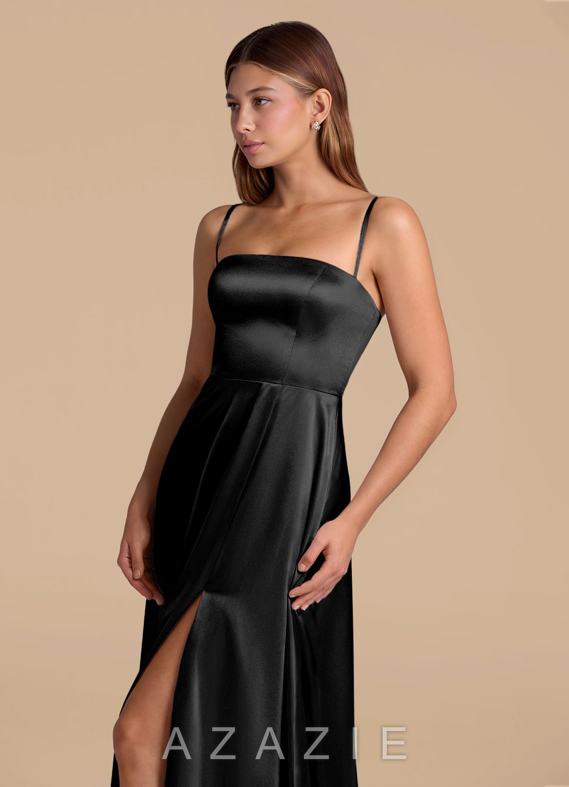 Azazie Wren Black A-Line Strapless Metallic Satin Dress black
