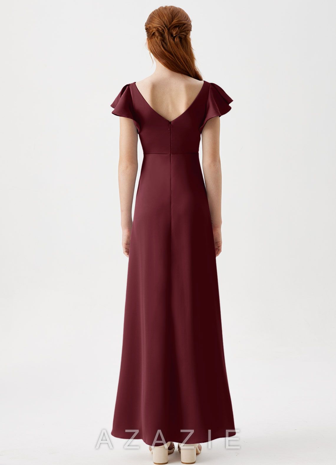 Azazie Omari Junior Cabernet A-Line Pleated Stretch Satin Dress cabernet
