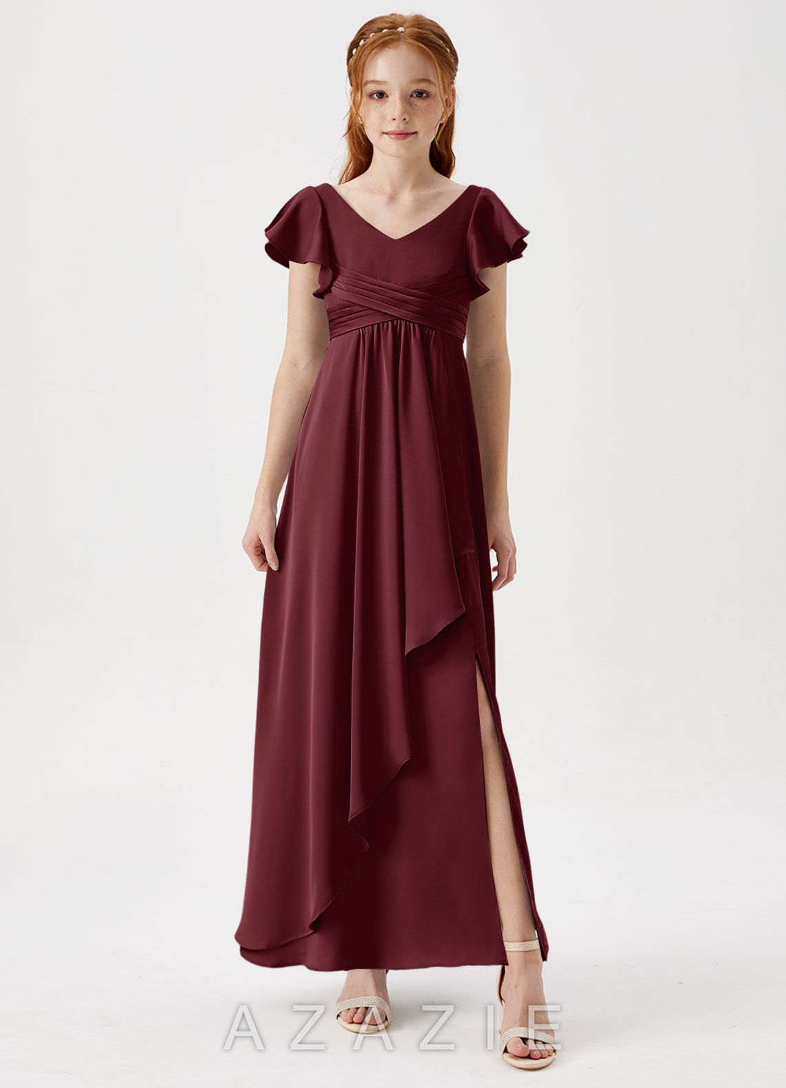 Azazie Omari Junior Cabernet A-Line Pleated Stretch Satin Dress cabernet