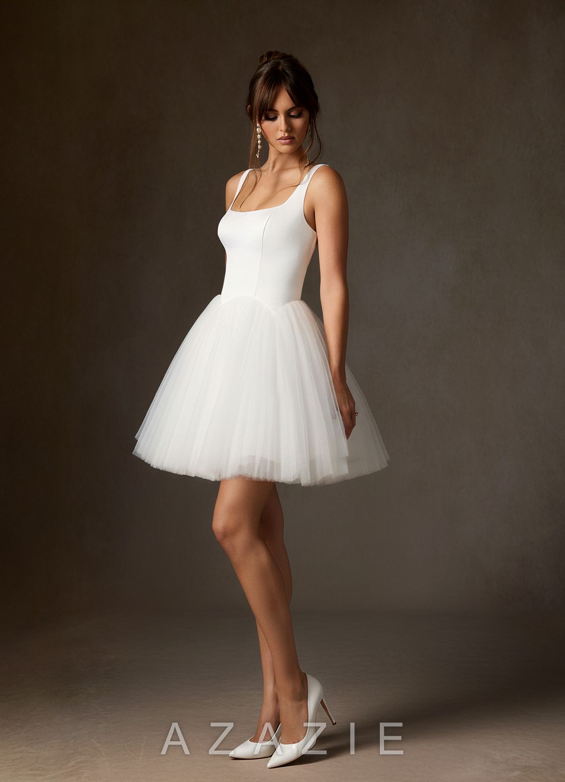 Azazie Annora Diamond White A-Line Square Neckline Tulle Dress diamond_white