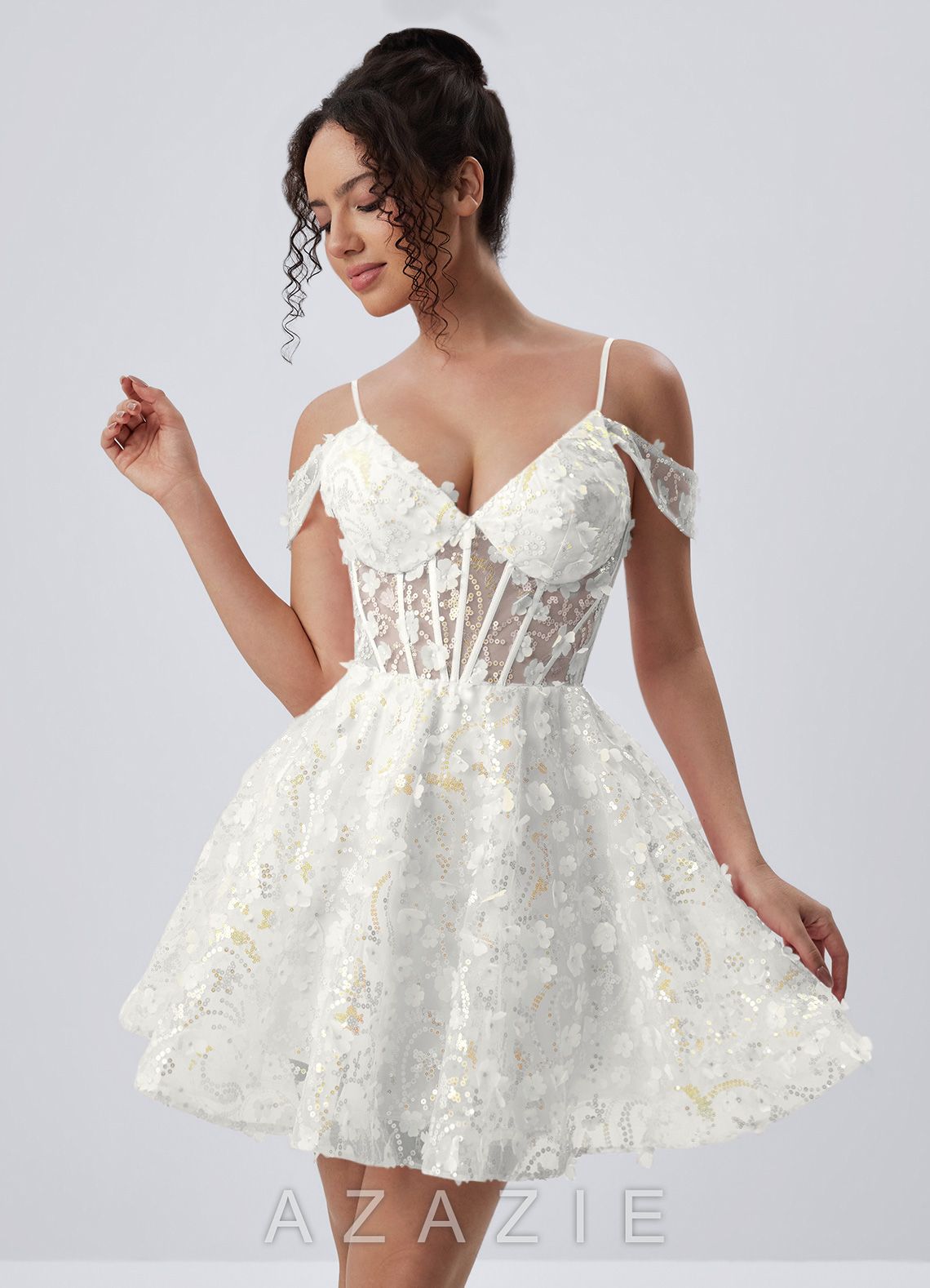 Kaelaniora White Sequin Embroidery 3D Flowers Tulle Corset Mini Dress