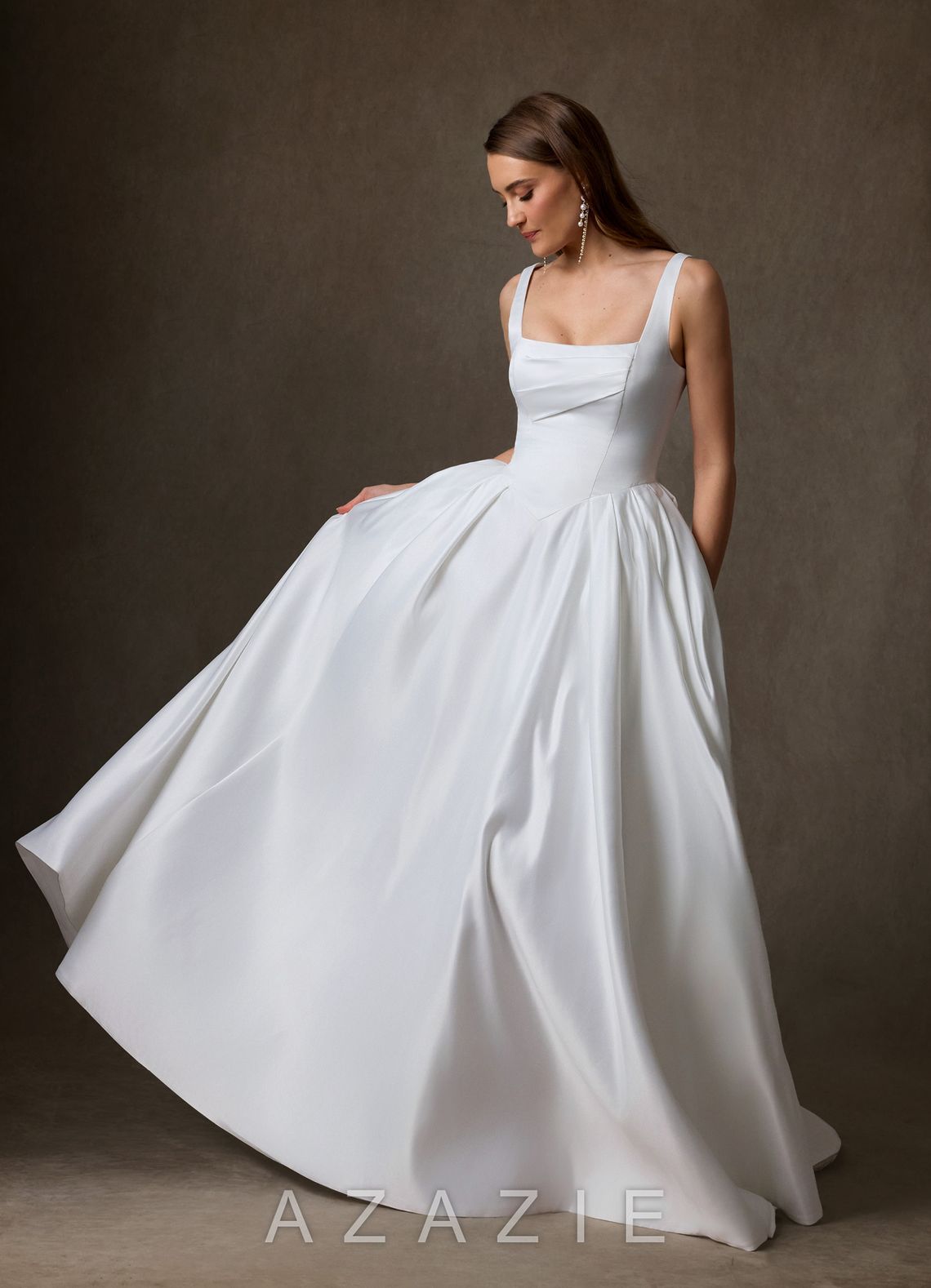 Azazie Celeste Diamond White Ball-Gown with Pockets Satin Dress diamond_white