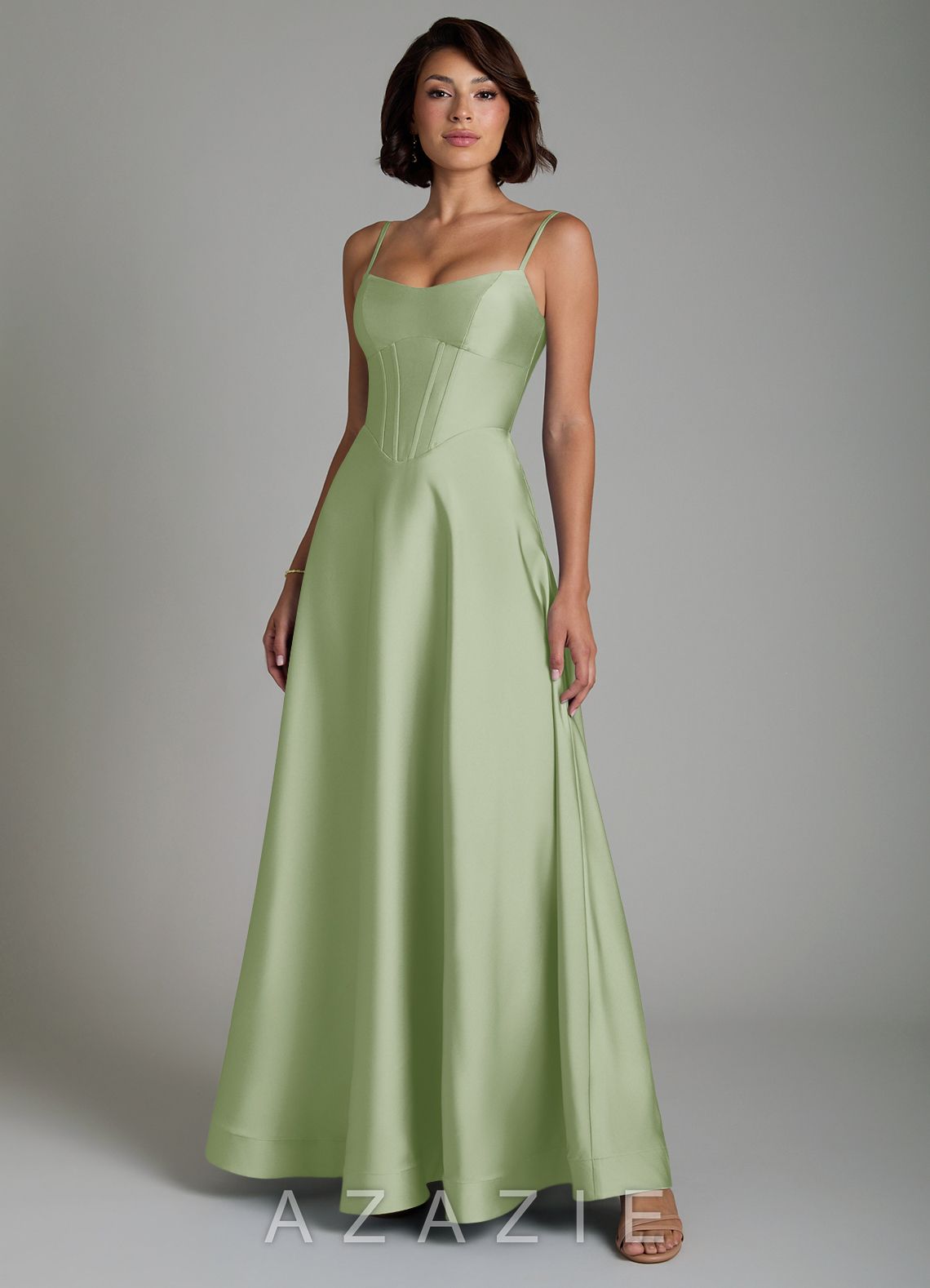 Azazie Nona Dusty Sage A-Line Pleated Stretch Satin Dress dusty_sage