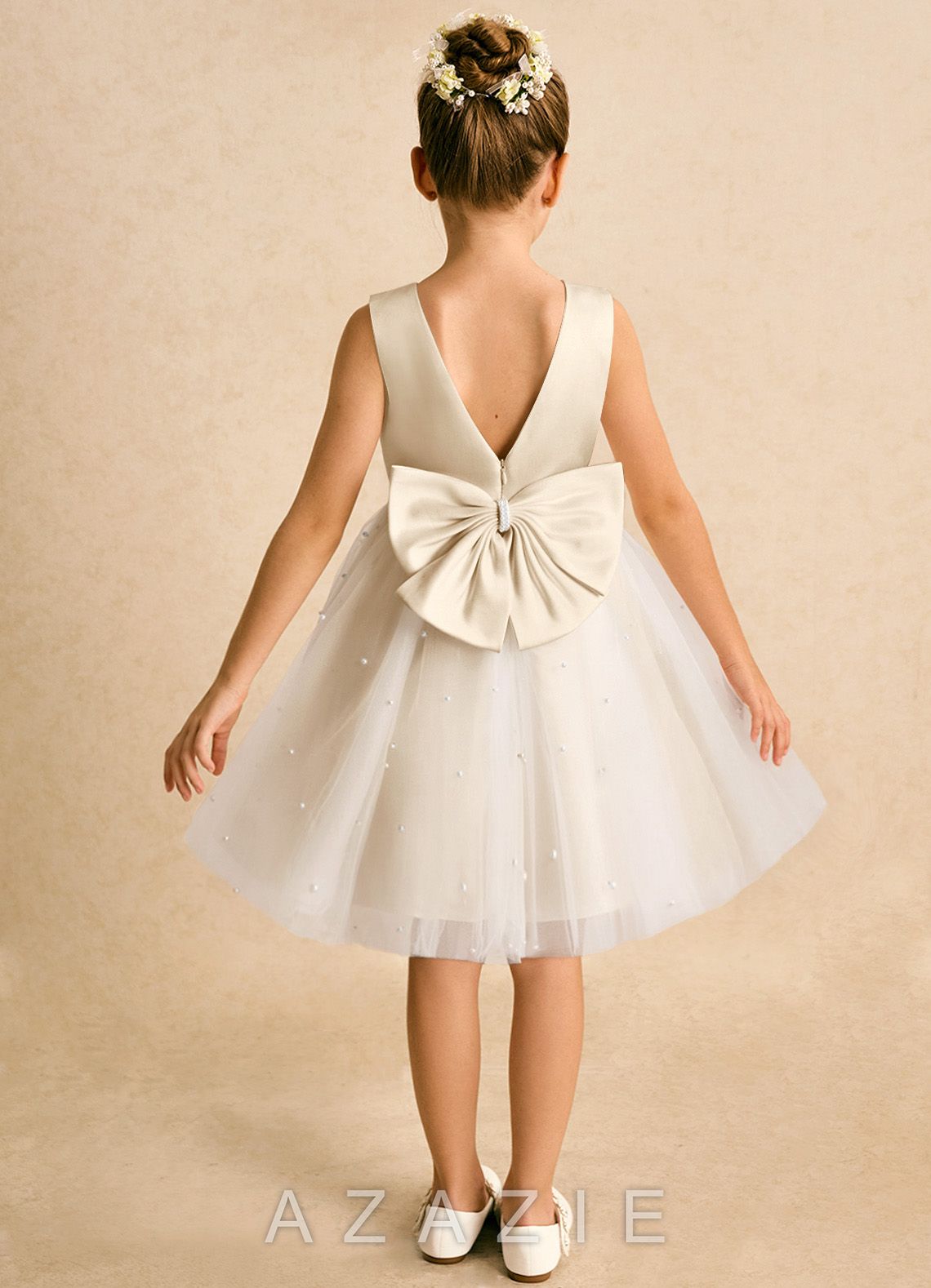 Azazie Esme Champagne Ball-Gown Bow Tulle Dress