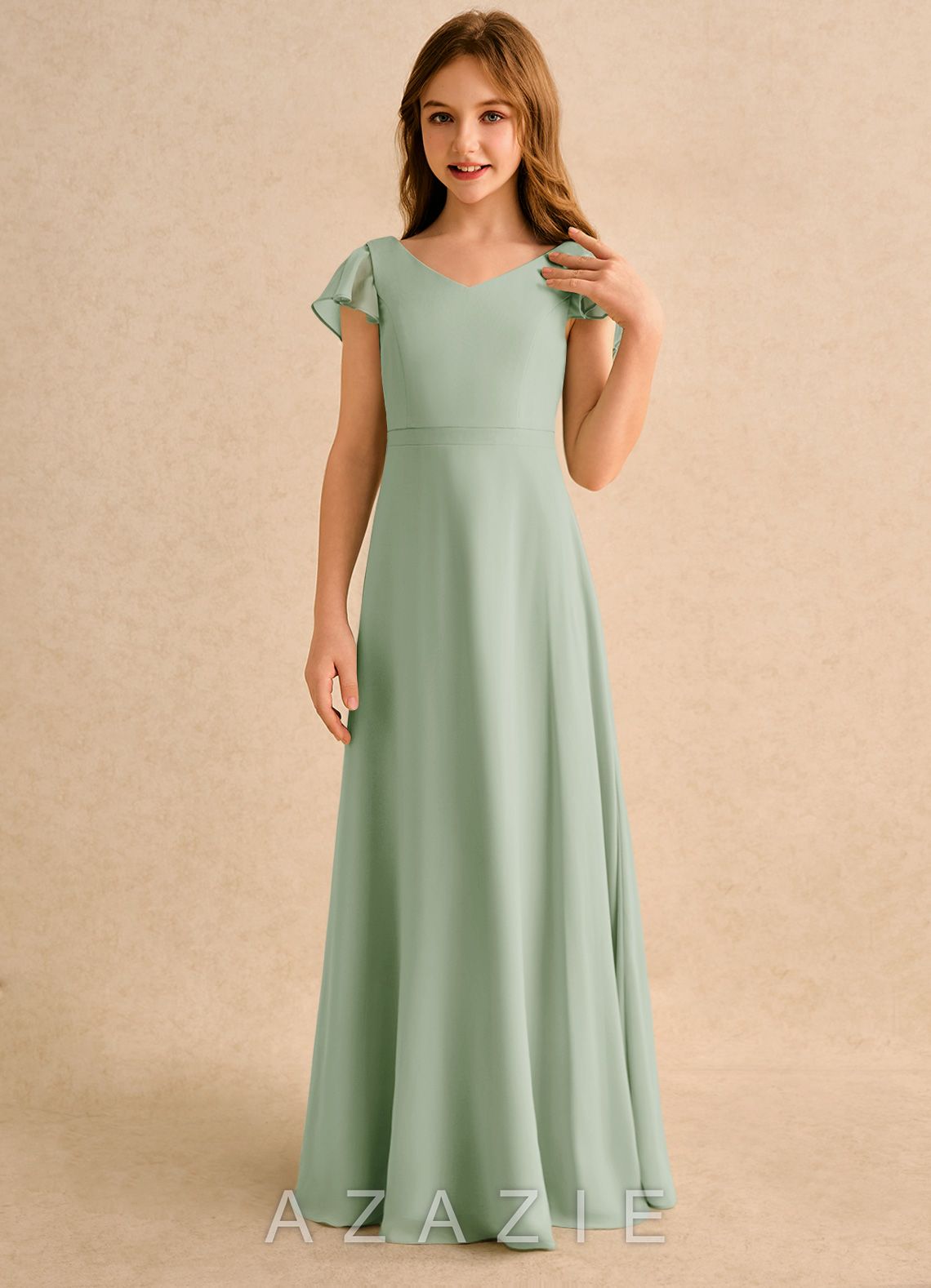 Azazie Nari Girls Formal Dusty Sage A-Line with Sleeves Chiffon Dress dusty_sage
